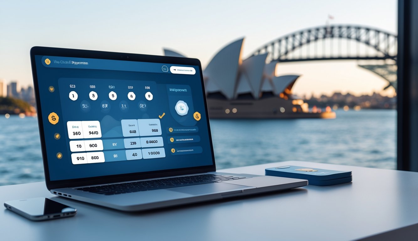 Meja kerja modern dengan laptop yang menampilkan antarmuka lotere digital, ponsel dan kartu kredit di atas meja, latar belakang kota Sydney dengan Sydney Opera House dan Harbour Bridge.