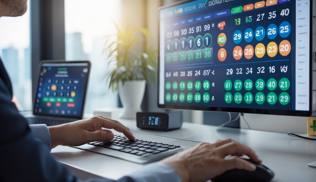 Seseorang menggunakan komputer dengan layar menampilkan angka dan grafik lotere online di ruang kerja yang terang dan rapi.