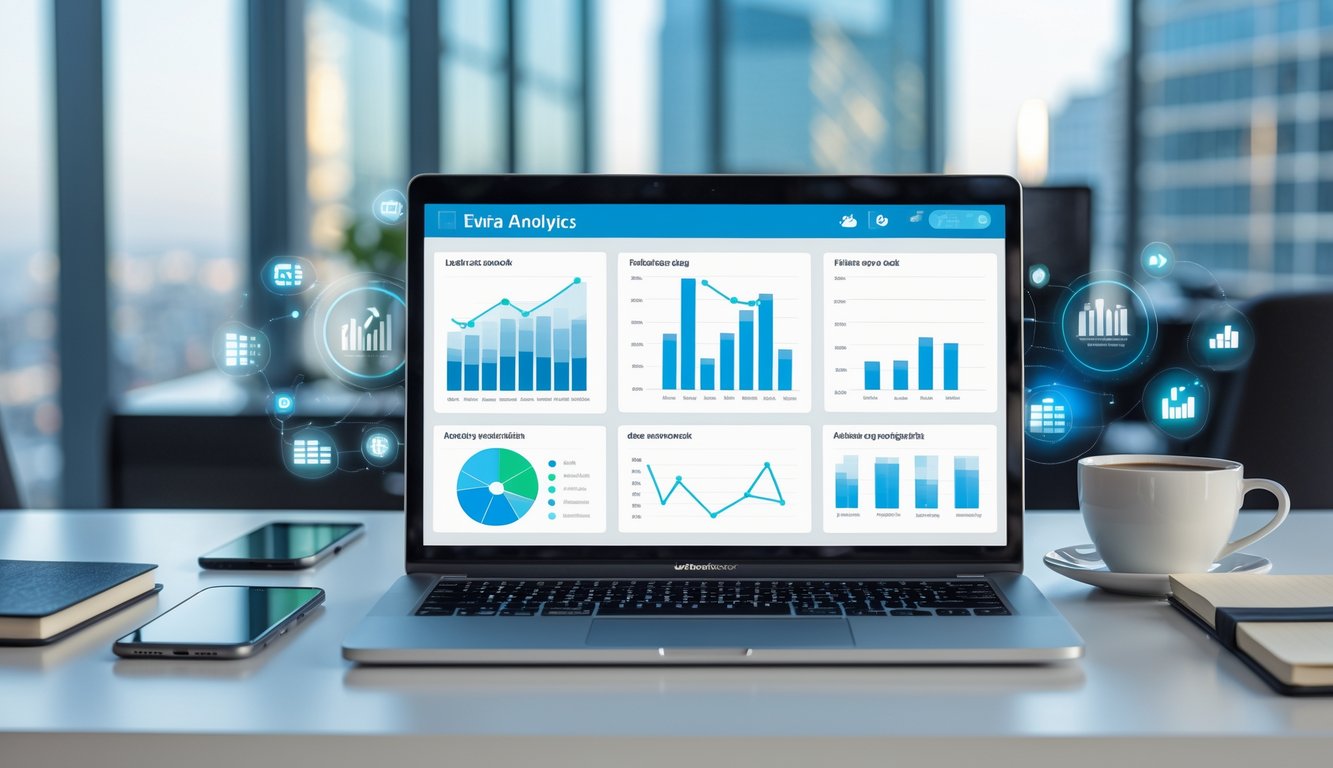 Suasana kantor modern dengan laptop yang menampilkan grafik data di meja kerja yang rapi.
