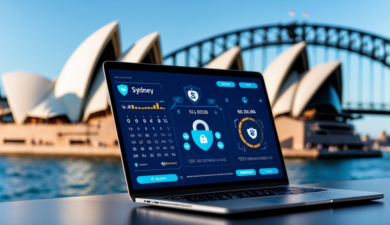 Layar komputer menunjukkan antarmuka sistem togel online yang aman dengan latar belakang landmark Sydney yang samar.