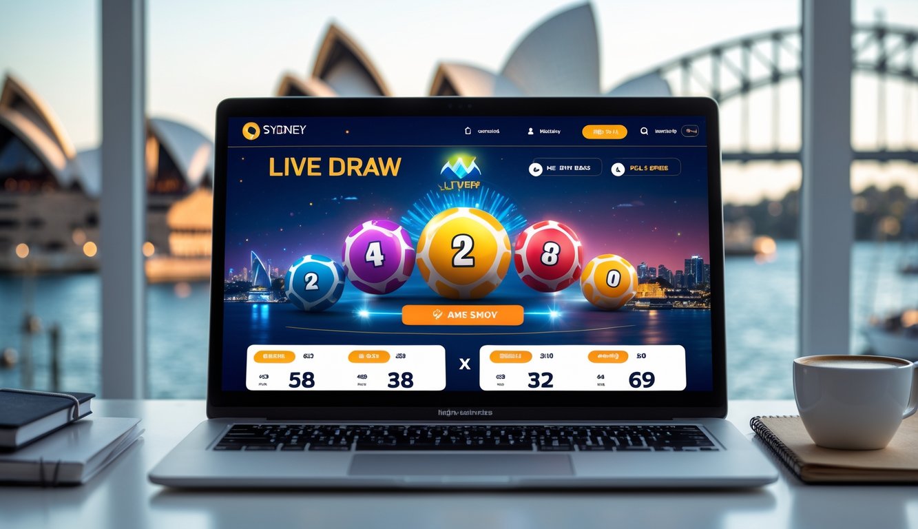 Layar komputer menampilkan antarmuka undian togel online dengan latar belakang landmark Sydney yang samar.