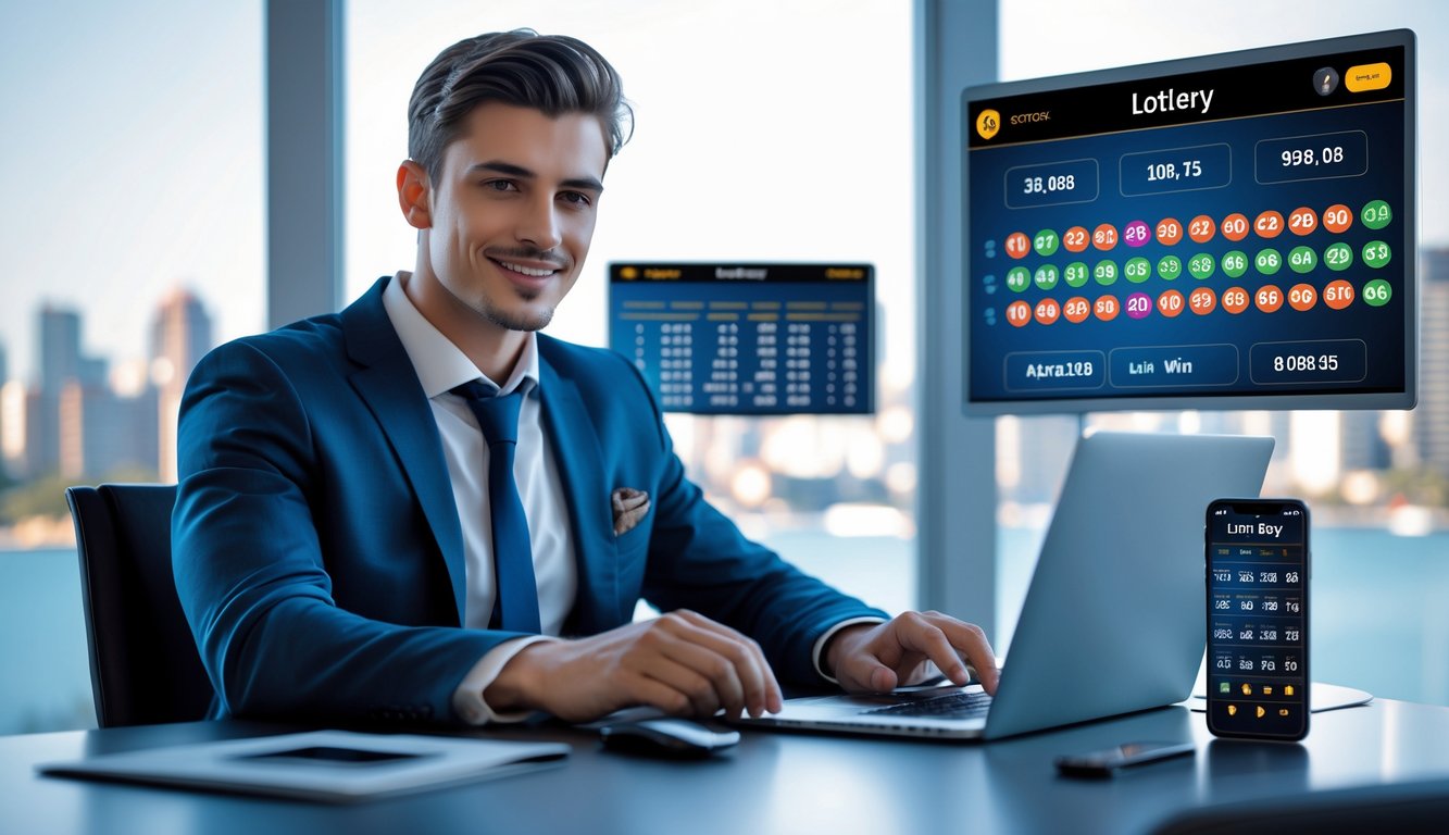Seorang dewasa muda duduk di meja dengan laptop dan ponsel yang menampilkan angka togel, dengan latar kota Sydney samar-samar.
