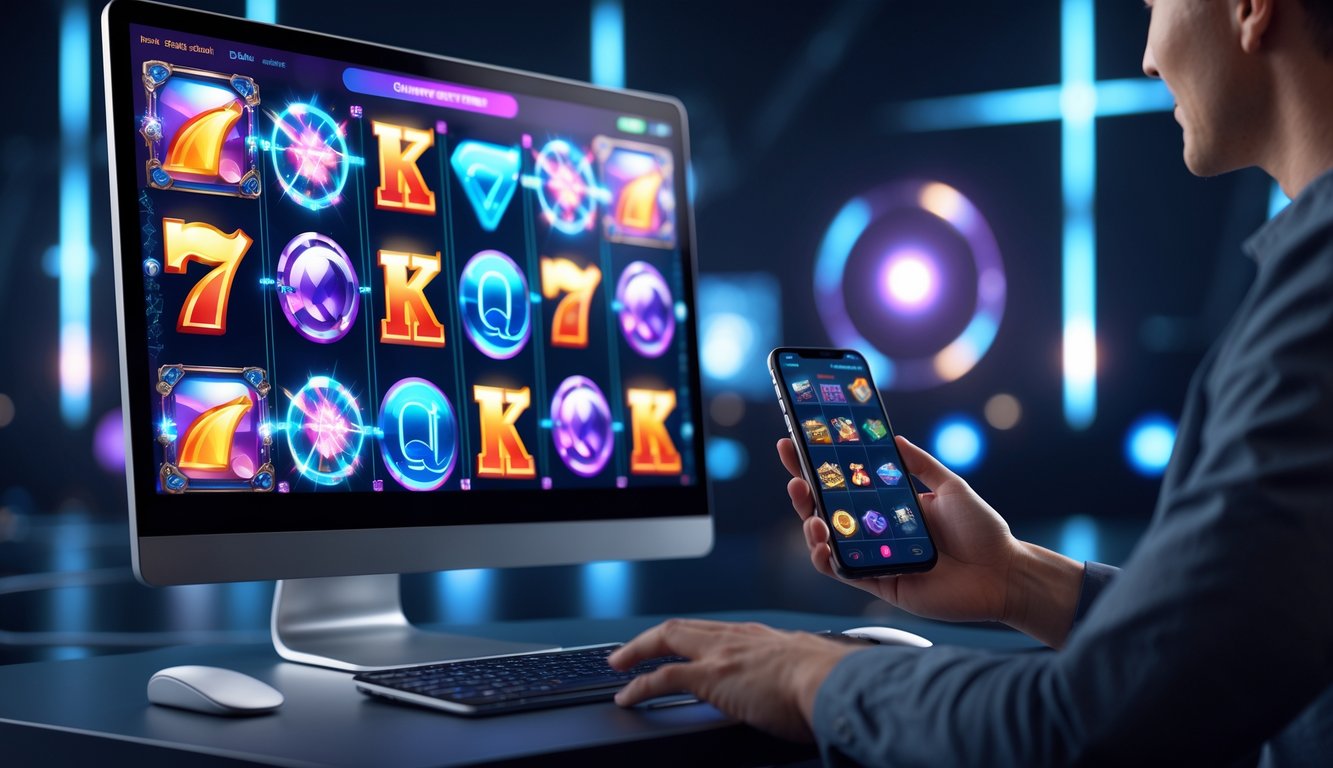 Seseorang menggunakan komputer dan ponsel yang menampilkan permainan slot 3D berwarna-warni di layar.