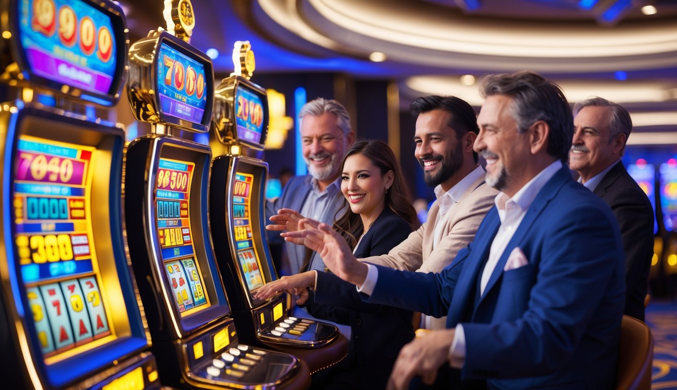 Orang-orang sedang bermain mesin slot 3D berwarna-warni di dalam kasino yang terang dan modern.