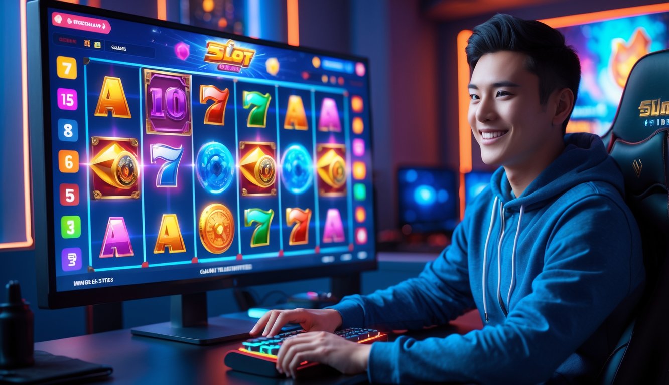 Seorang pemain muda sedang menggunakan komputer dengan layar menampilkan permainan slot 3D berwarna-warni di ruangan gaming yang terang dan rapi.