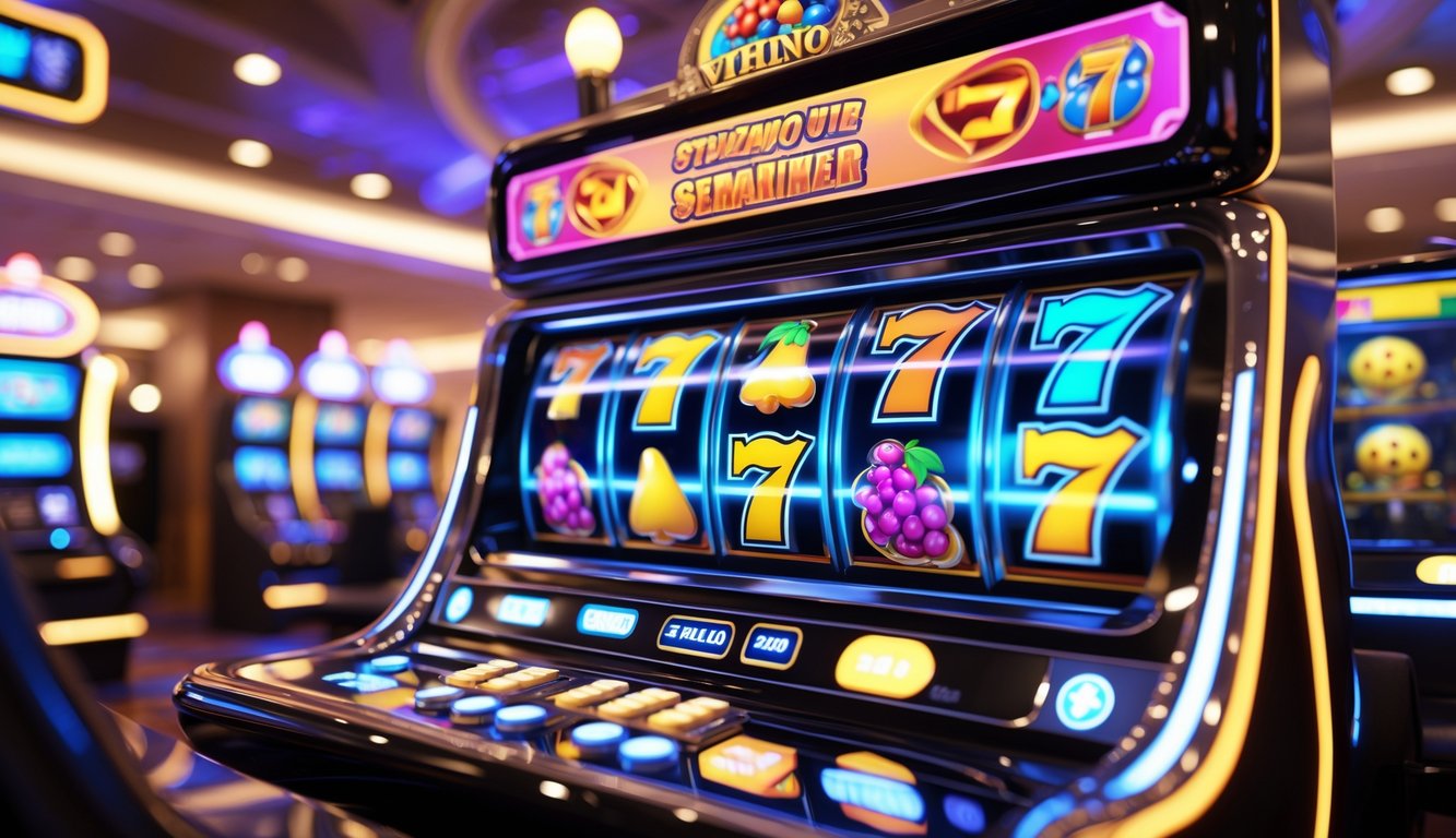 Mesin slot 3D modern dengan grafis realistis di dalam suasana kasino yang mewah.