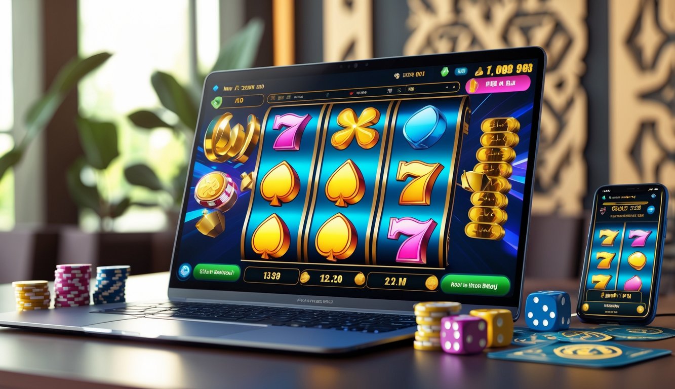 Seorang pengguna bermain mesin slot 3D di komputer dengan latar belakang dekorasi khas Indonesia.