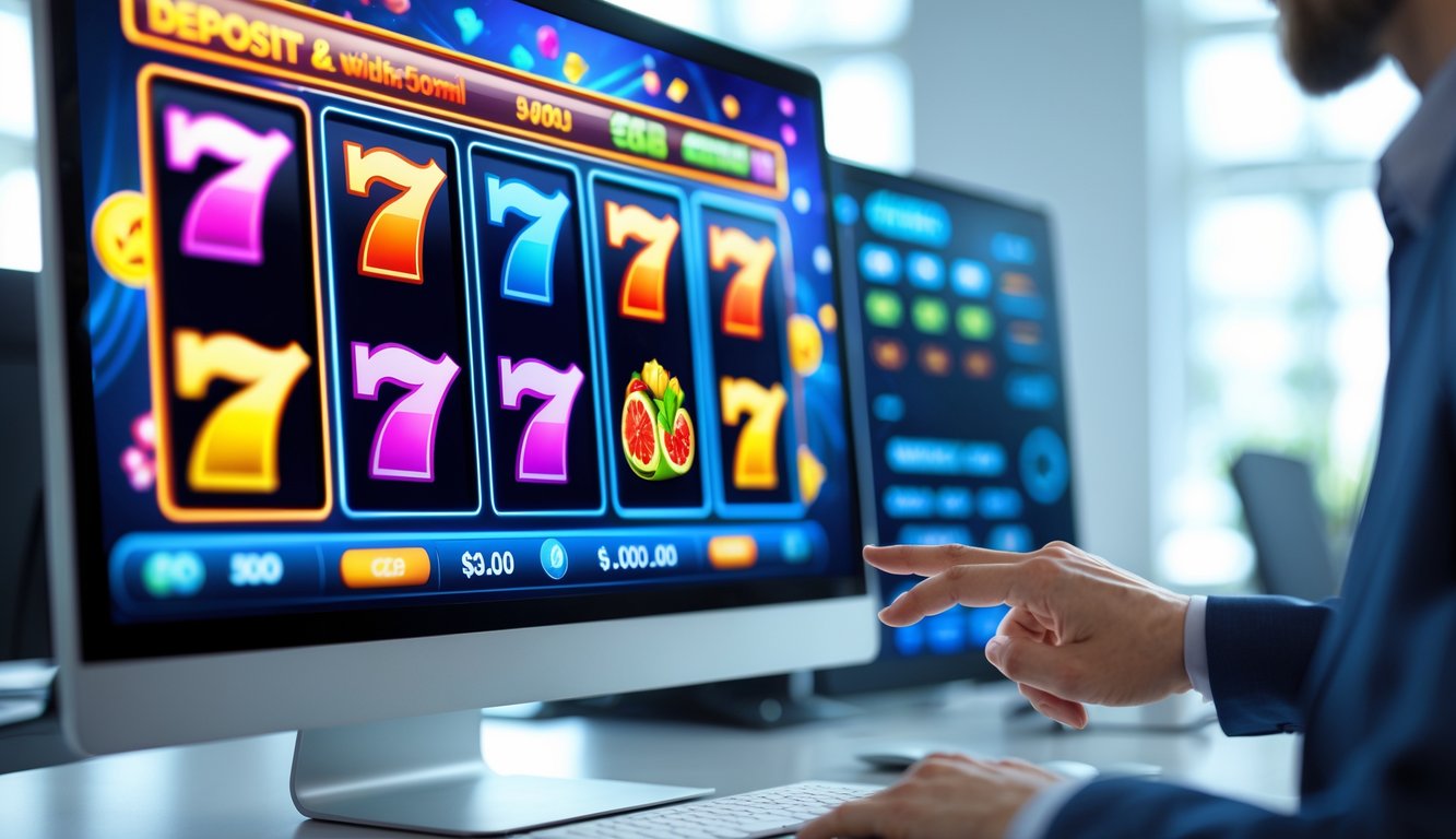 Seseorang menggunakan komputer dengan tampilan mesin slot 3D berwarna-warni di layar, menunjukkan proses deposit dan penarikan cepat di platform judi online.