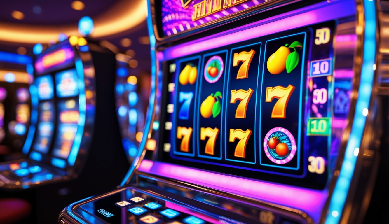 Mesin slot 3D berwarna cerah dengan pola kemenangan yang menyala di latar kasino mewah.