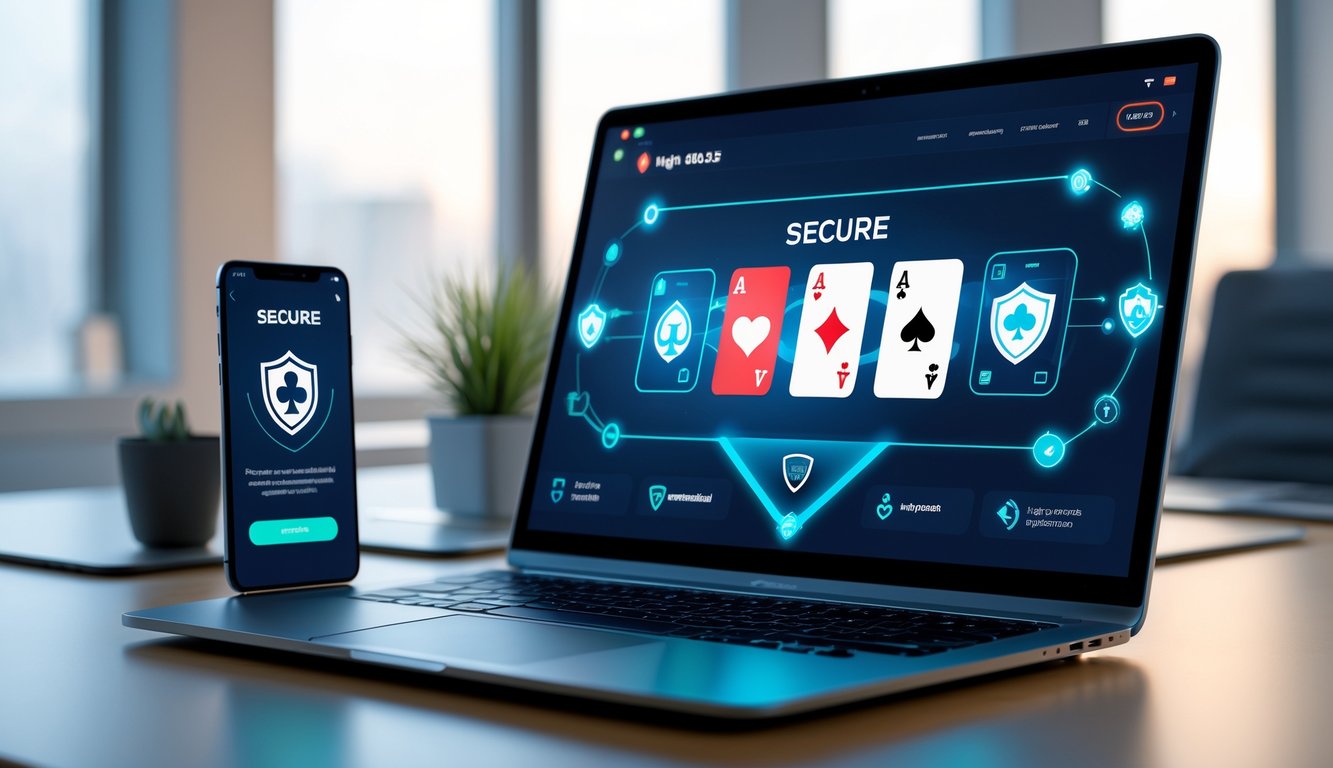 Antarmuka permainan poker online yang aman ditampilkan pada laptop dan ponsel di lingkungan kantor modern.
