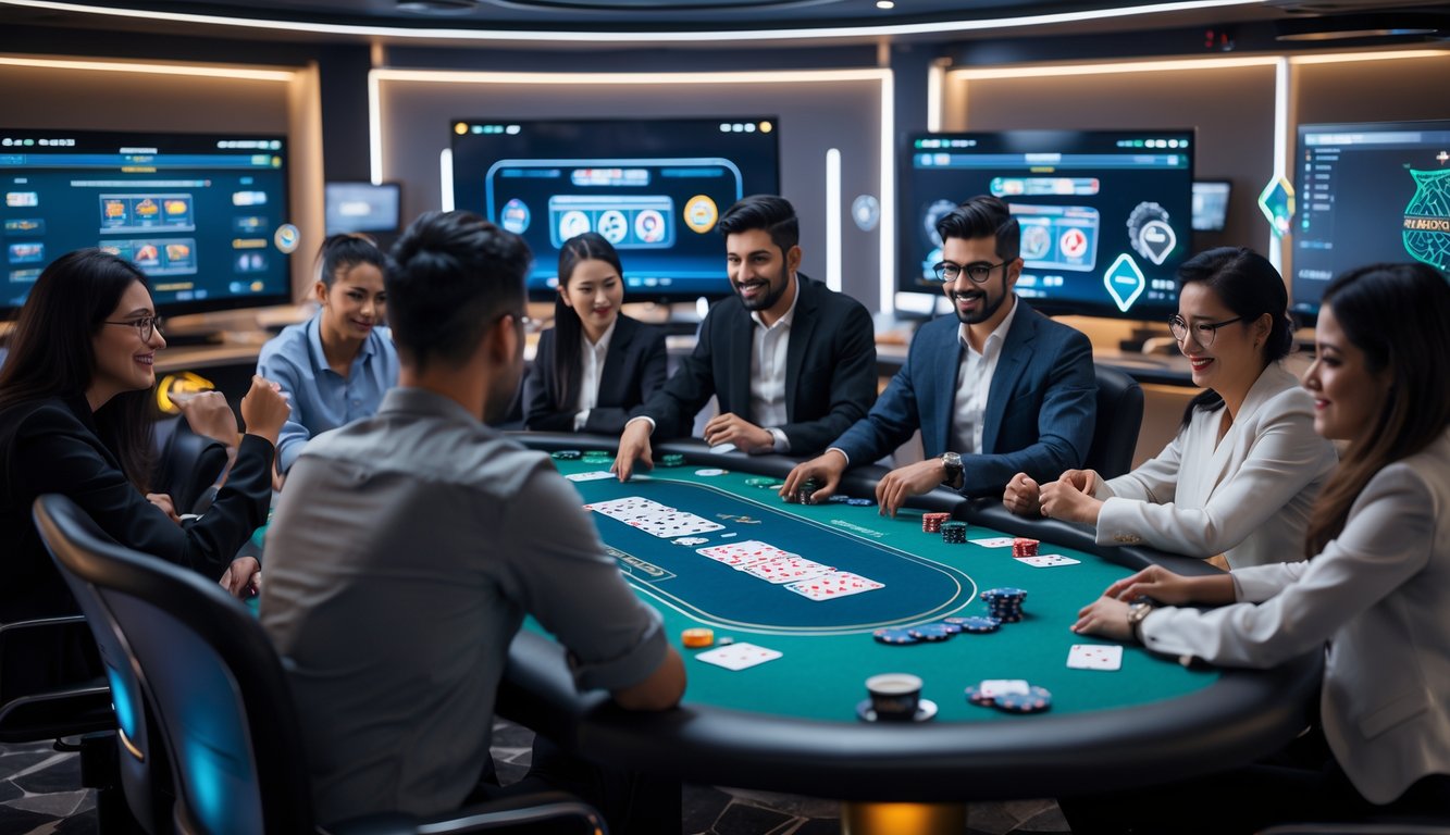 Sekelompok orang bermain poker online di meja digital dengan layar dan teknologi canggih di ruangan modern.