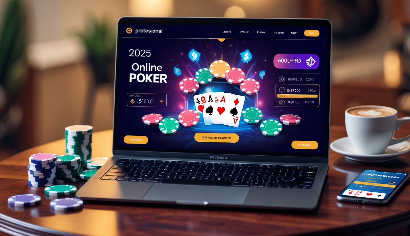 Meja dengan laptop yang menampilkan permainan poker online, tumpukan chip poker, kartu bermain, dan ponsel di lingkungan rumah atau kantor yang nyaman.