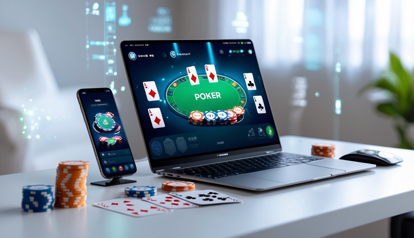 Sebuah meja dengan komputer dan perangkat yang menampilkan permainan poker online dengan kartu dan chip di sekitarnya.