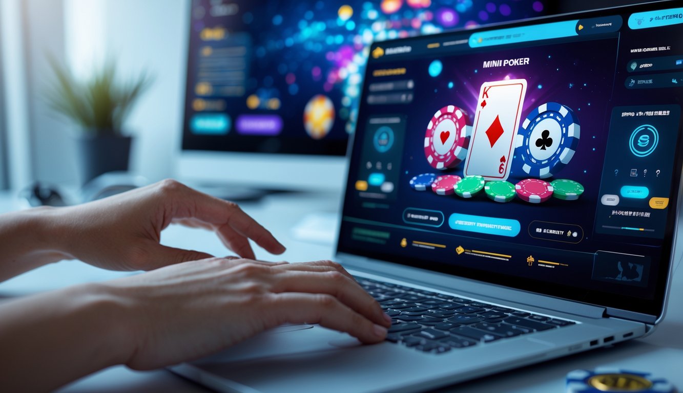 Seseorang menggunakan laptop dengan tampilan permainan mini poker online dan ikon proses deposit serta penarikan uang yang cepat.