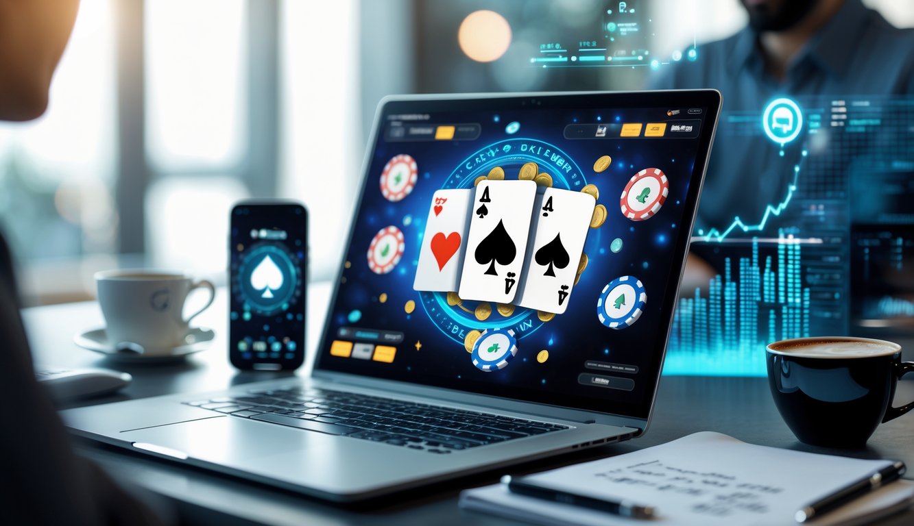 Seorang pengguna sedang melihat permainan mini poker di laptop dengan kartu dan chip poker di meja, dikelilingi oleh ponsel, kopi, dan catatan di ruang kerja modern.