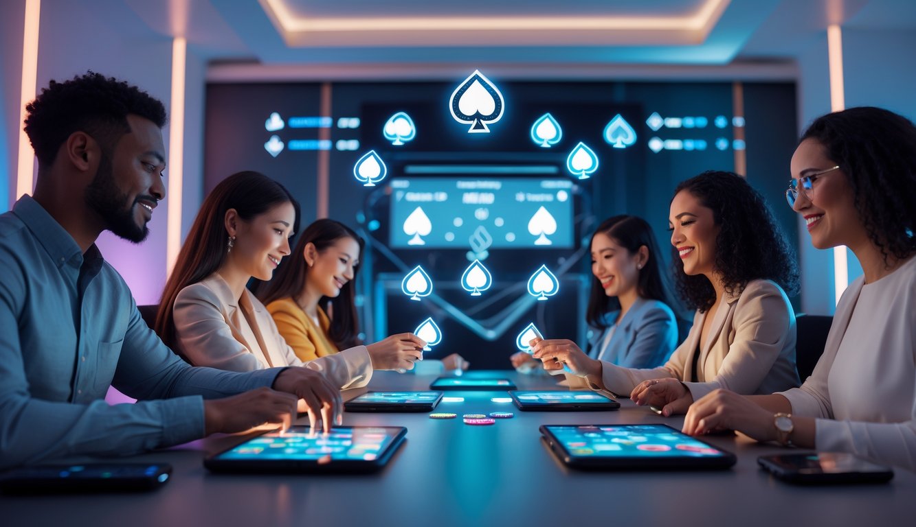 Beberapa orang bermain poker online menggunakan berbagai perangkat seperti ponsel, tablet, dan laptop dalam ruangan modern dengan pencahayaan ambient.