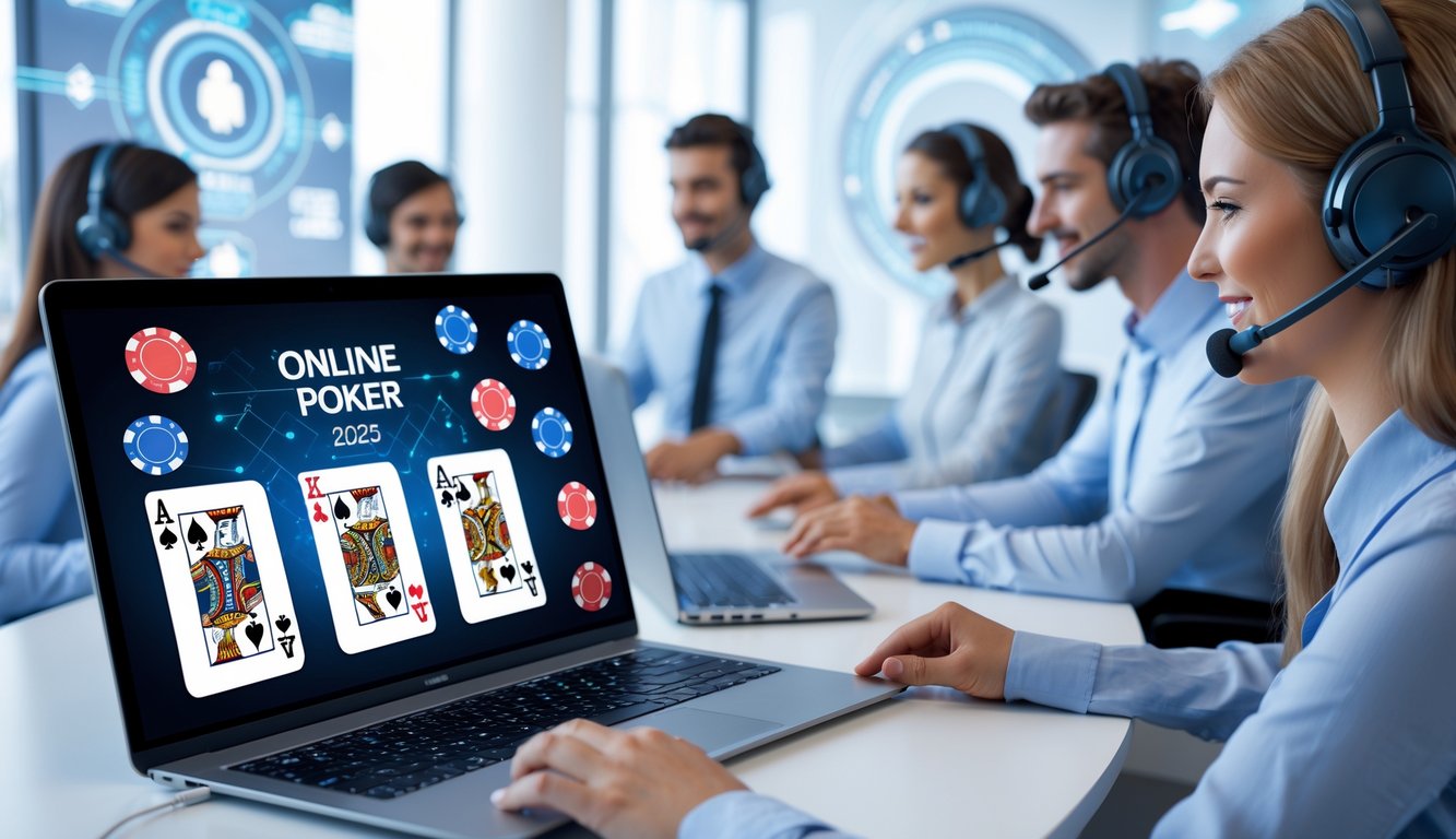 Tim layanan pelanggan sedang membantu pengguna dengan komputer dan ponsel yang menampilkan permainan poker online.