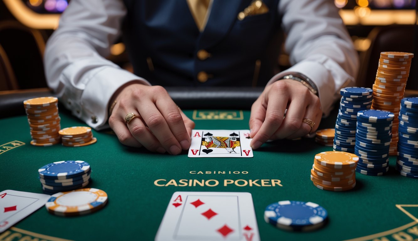 Tangan dealer membagikan kartu di meja kasino dengan tumpukan chip poker di latar depan.