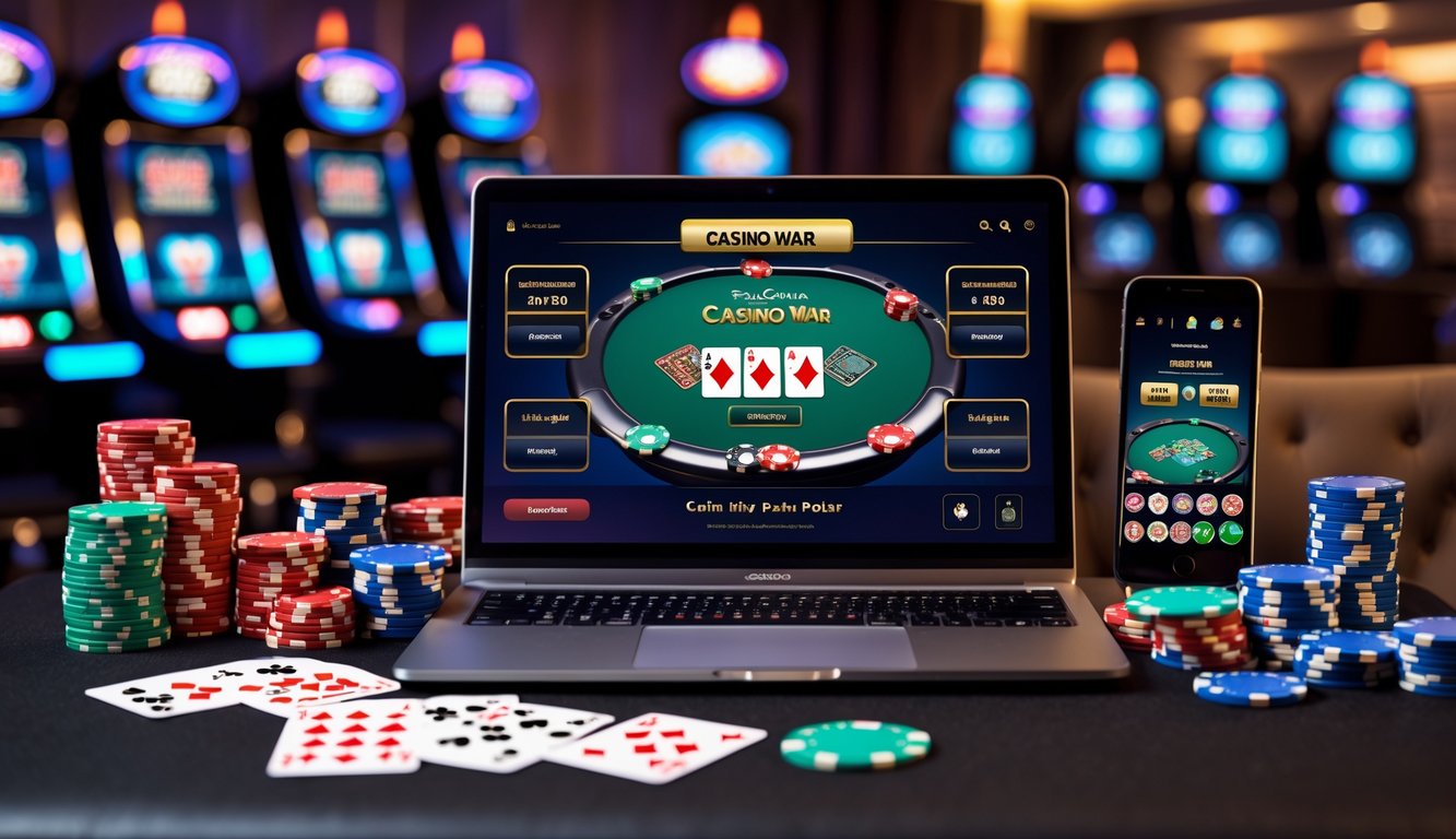 Seorang pengguna sedang bermain poker kasino online di komputer dengan kartu dan chip poker di meja.