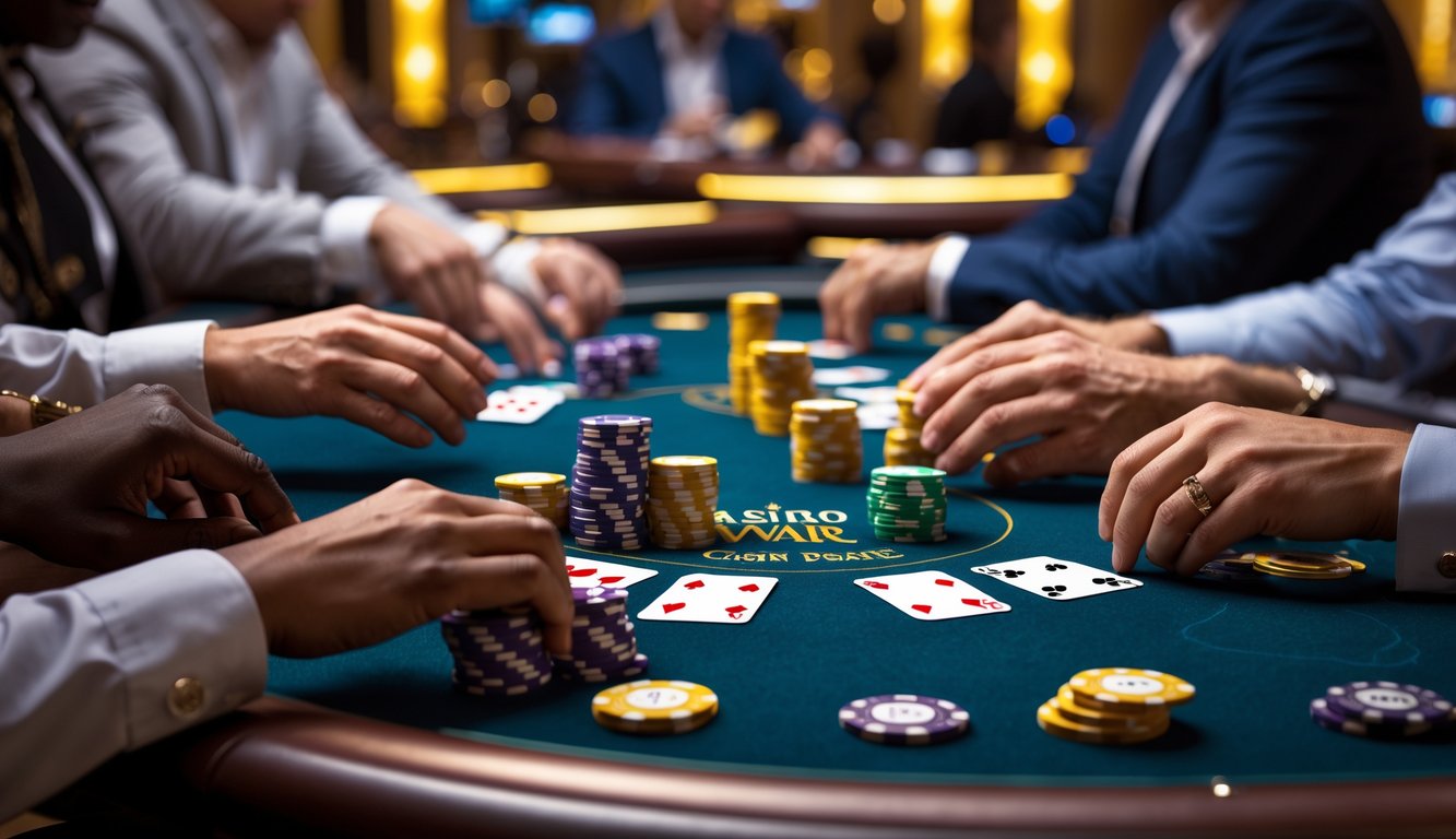 Meja poker kasino dengan kartu dan chip, pemain sedang bermain dengan fokus dan antusiasme.