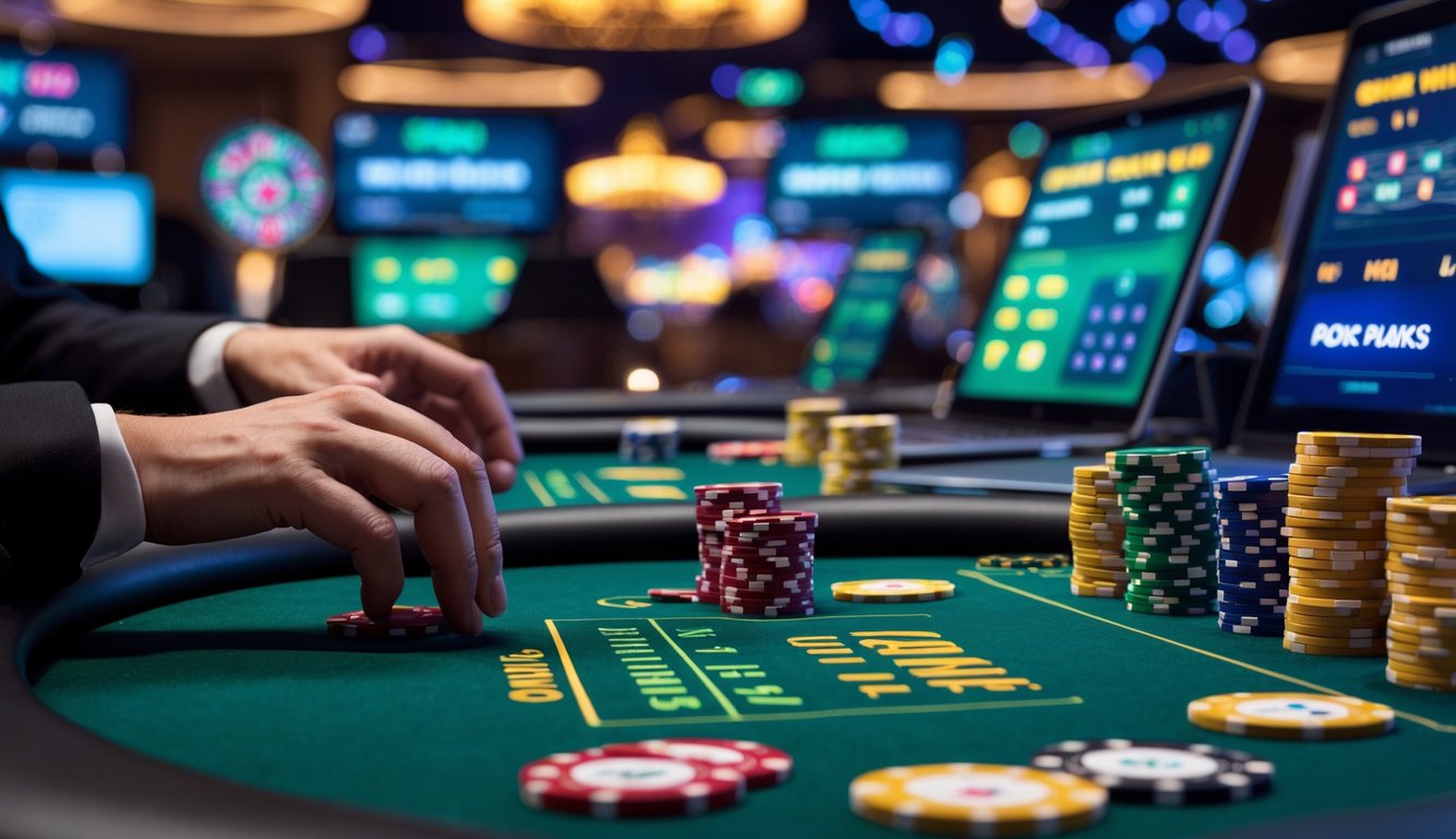 Seorang pemain sedang memasang taruhan di meja poker dengan kartu dan chip, di latar belakang terlihat layar komputer menampilkan permainan kasino online.