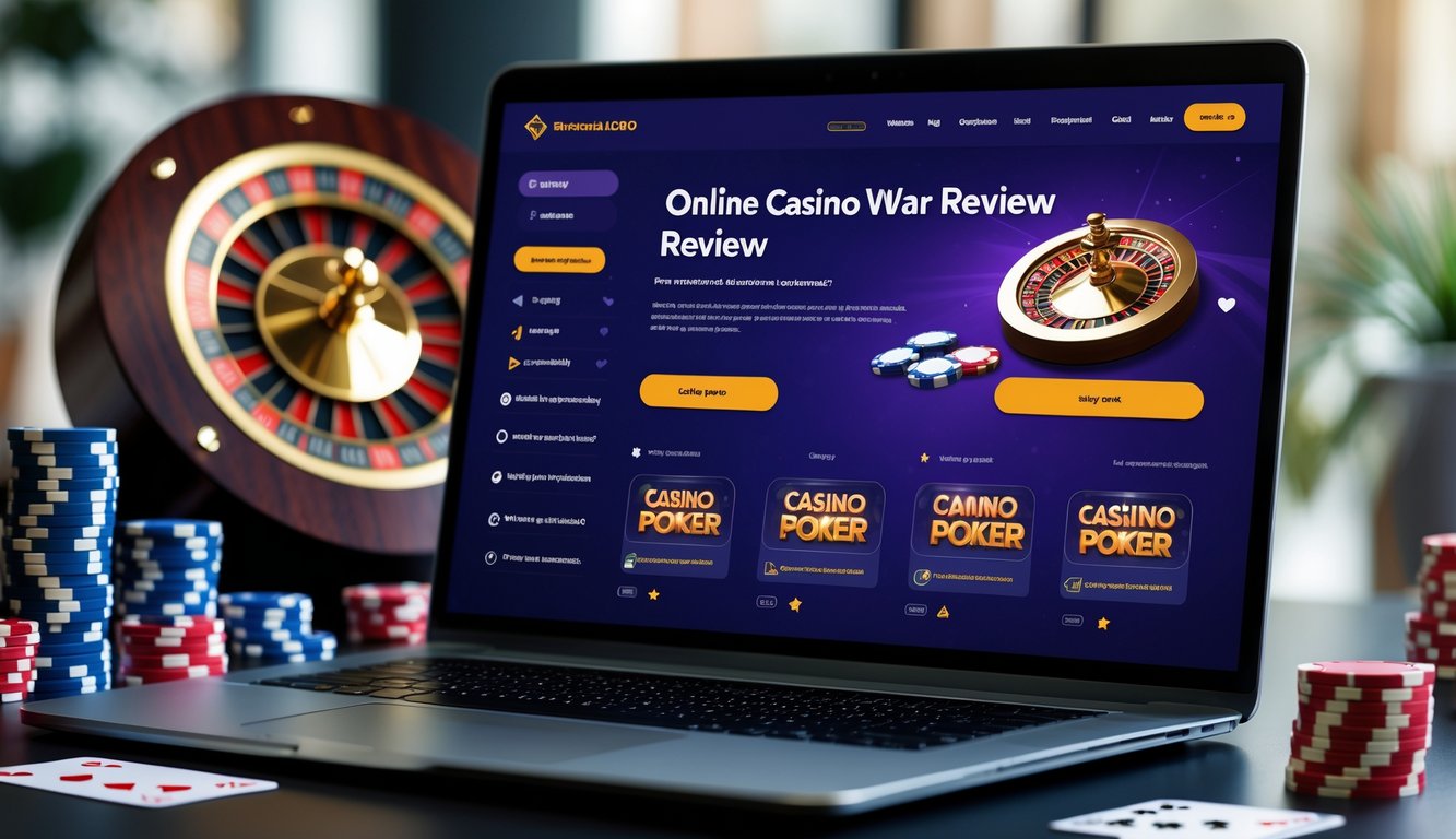 Sebuah laptop di atas meja dengan tampilan platform ulasan kasino online dan elemen permainan kartu di sekitarnya.