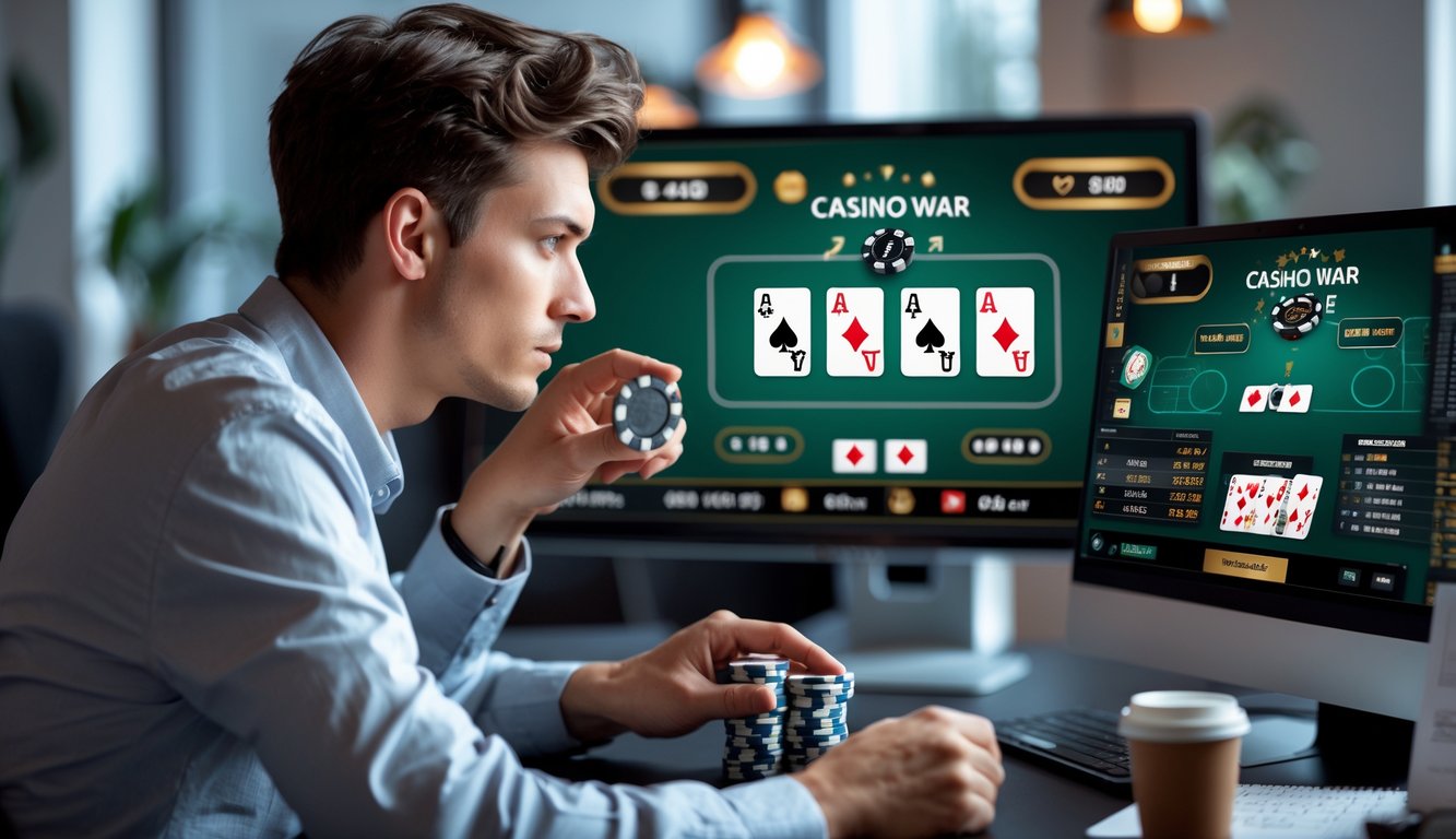 Seorang pemain muda sedang fokus mengelola modal saat bermain Casino War Poker di kasino online dengan komputer di meja dan chip poker di tangan.
