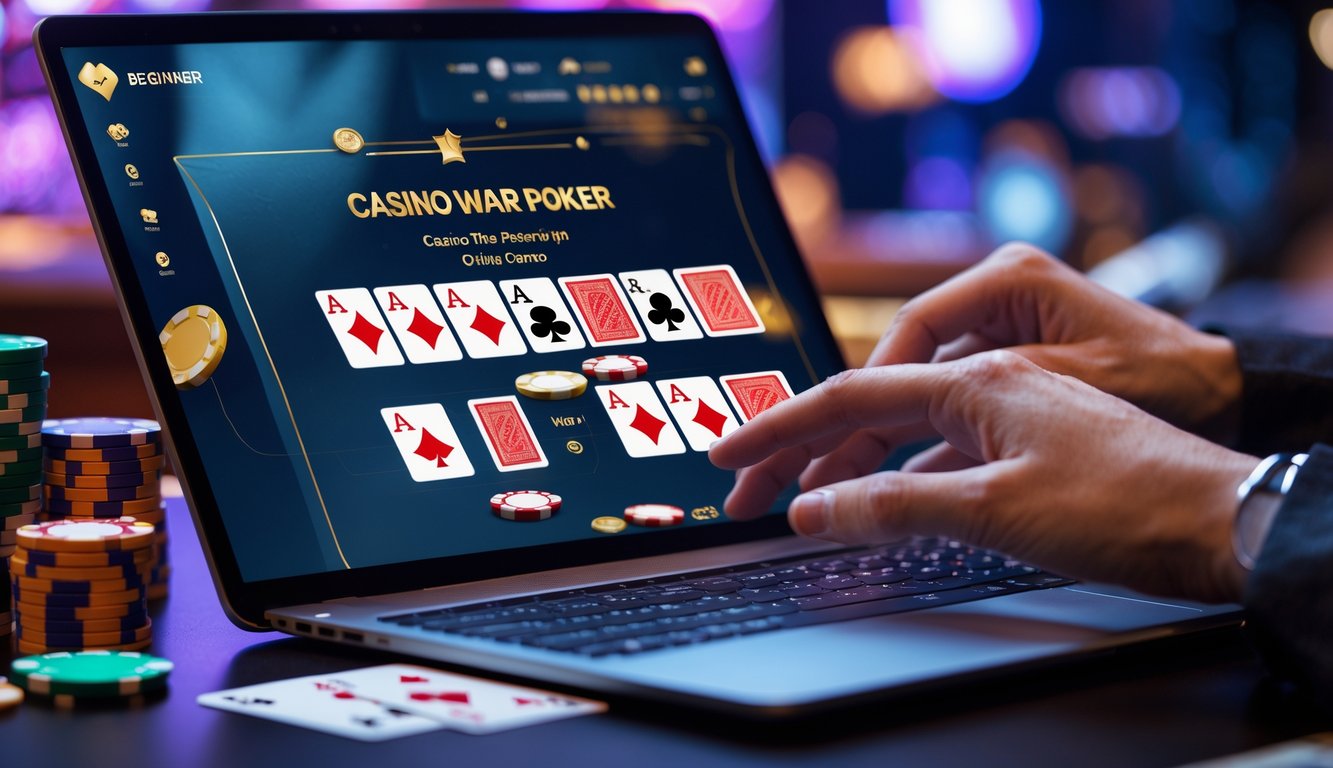 Seseorang menggunakan laptop dengan tampilan permainan Casino War Poker di layar, dikelilingi chip poker dan kartu bermain.