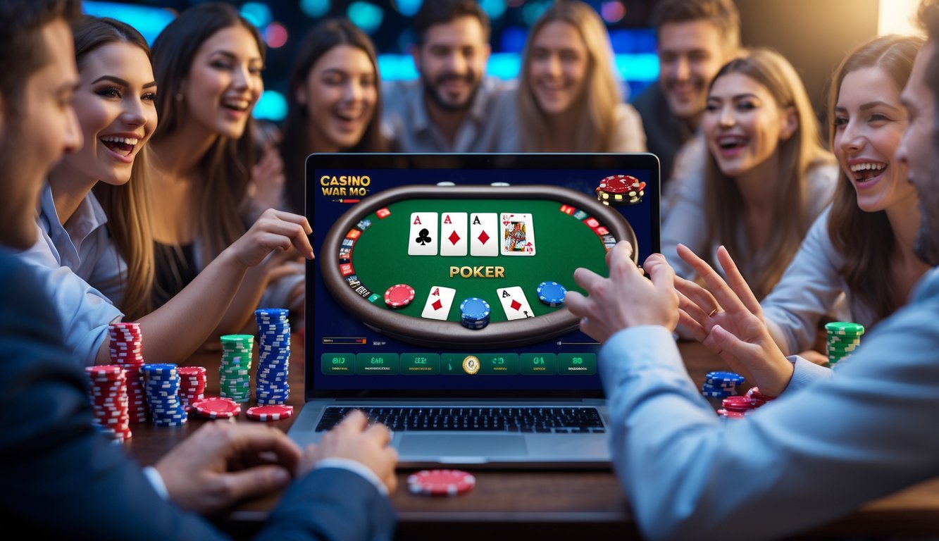 Sekelompok pemain bermain Casino War Poker di depan laptop dengan kartu dan chip poker di meja.