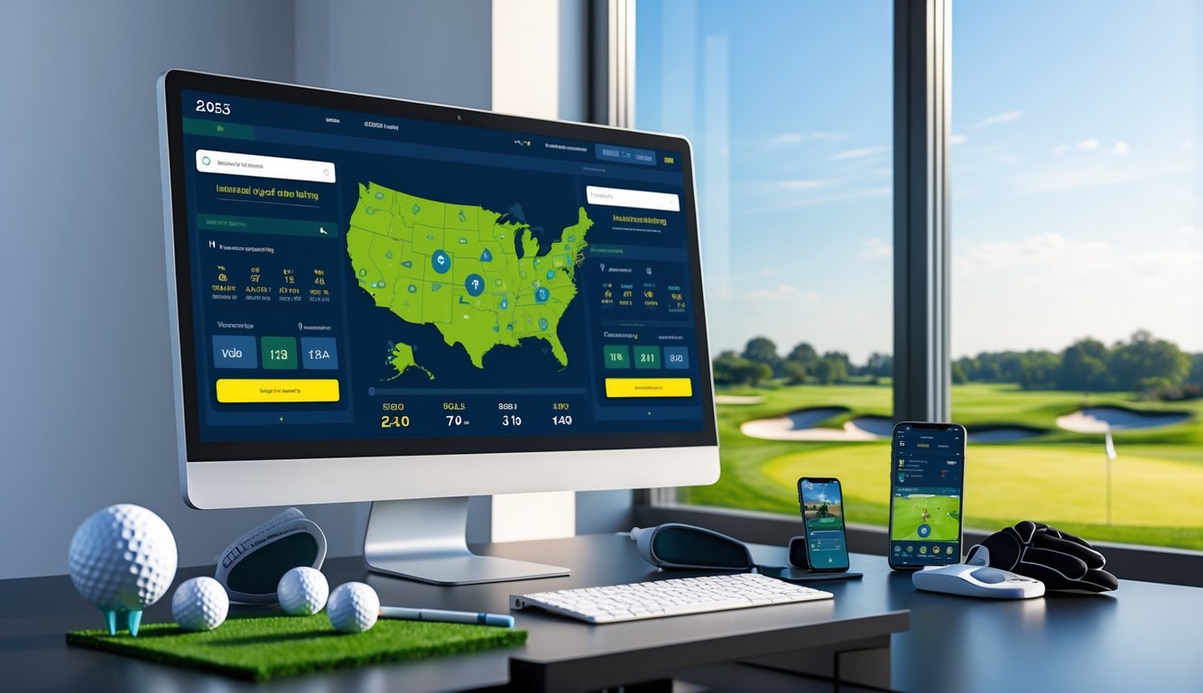 Sebuah ruang kerja modern dengan monitor komputer yang menampilkan antarmuka situs taruhan golf, perlengkapan golf di meja, dan pemandangan lapangan golf di luar jendela.