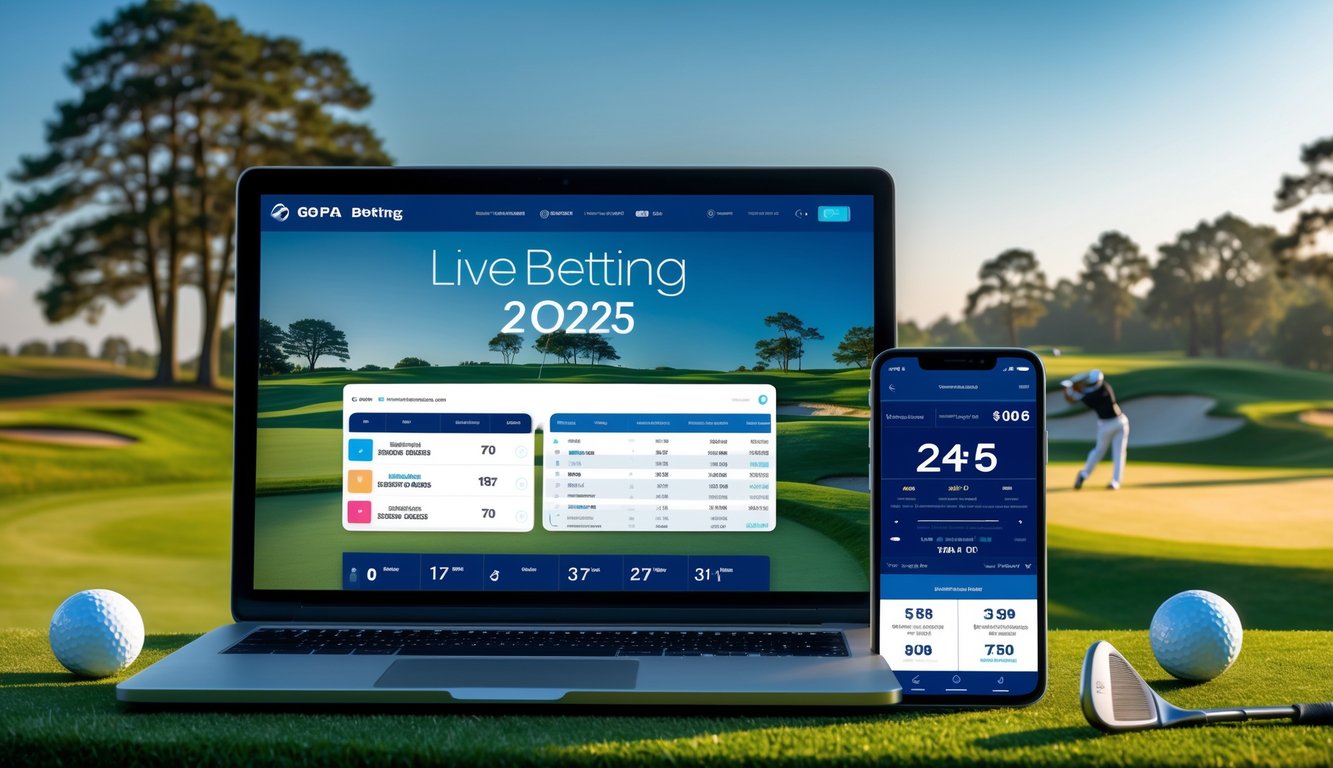 Layar laptop dan ponsel menampilkan taruhan langsung golf di turnamen PGA dengan latar belakang lapangan golf dan pemain yang sedang bermain.