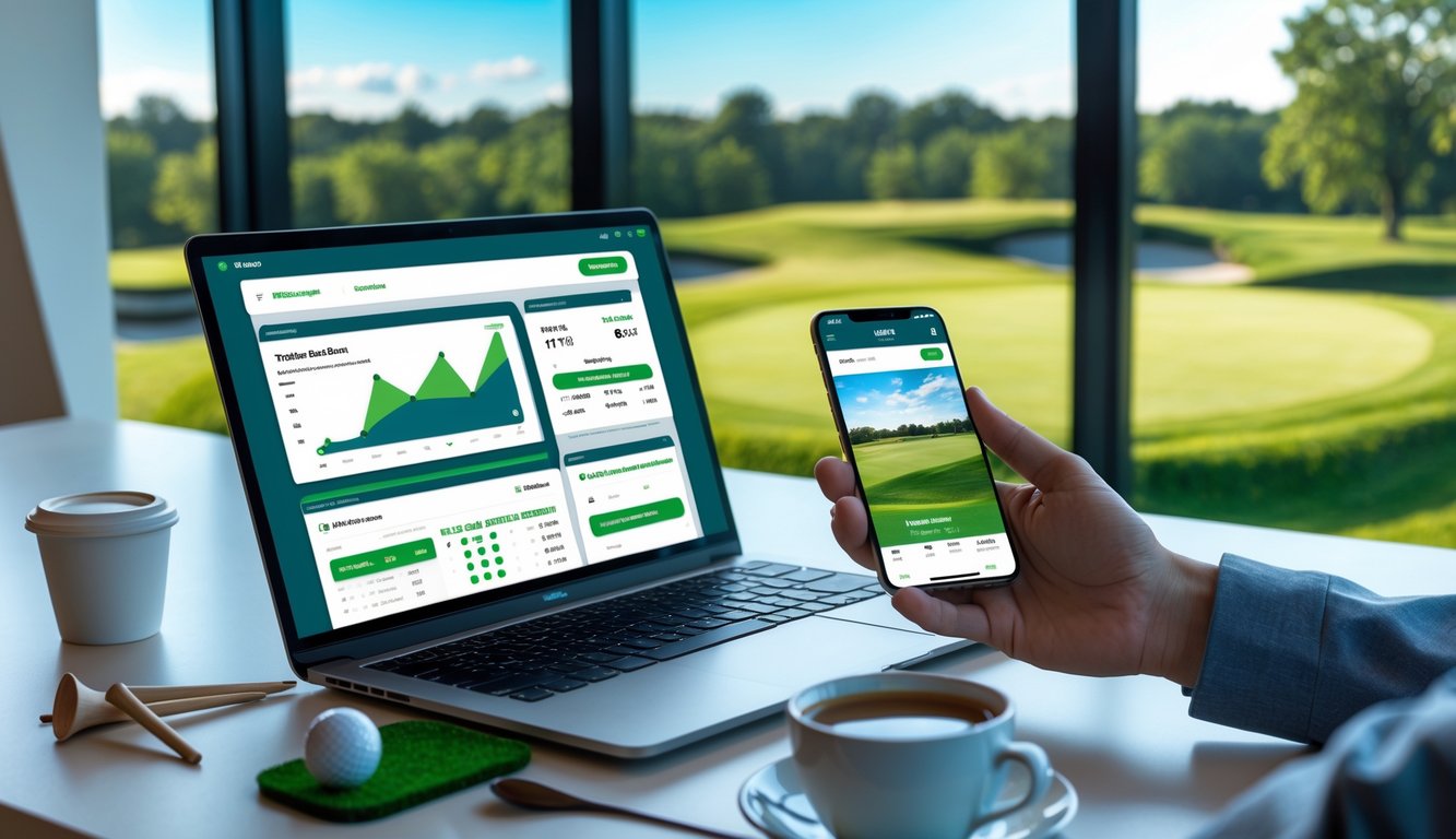 Seseorang menggunakan laptop dan ponsel di meja dengan latar belakang lapangan golf hijau di luar jendela.