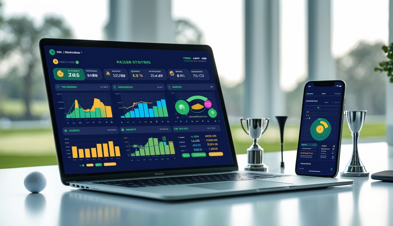 Antarmuka digital platform taruhan golf tahun 2025 yang menampilkan statistik pemain lengkap dan akurat di layar laptop dan ponsel di atas meja kerja.