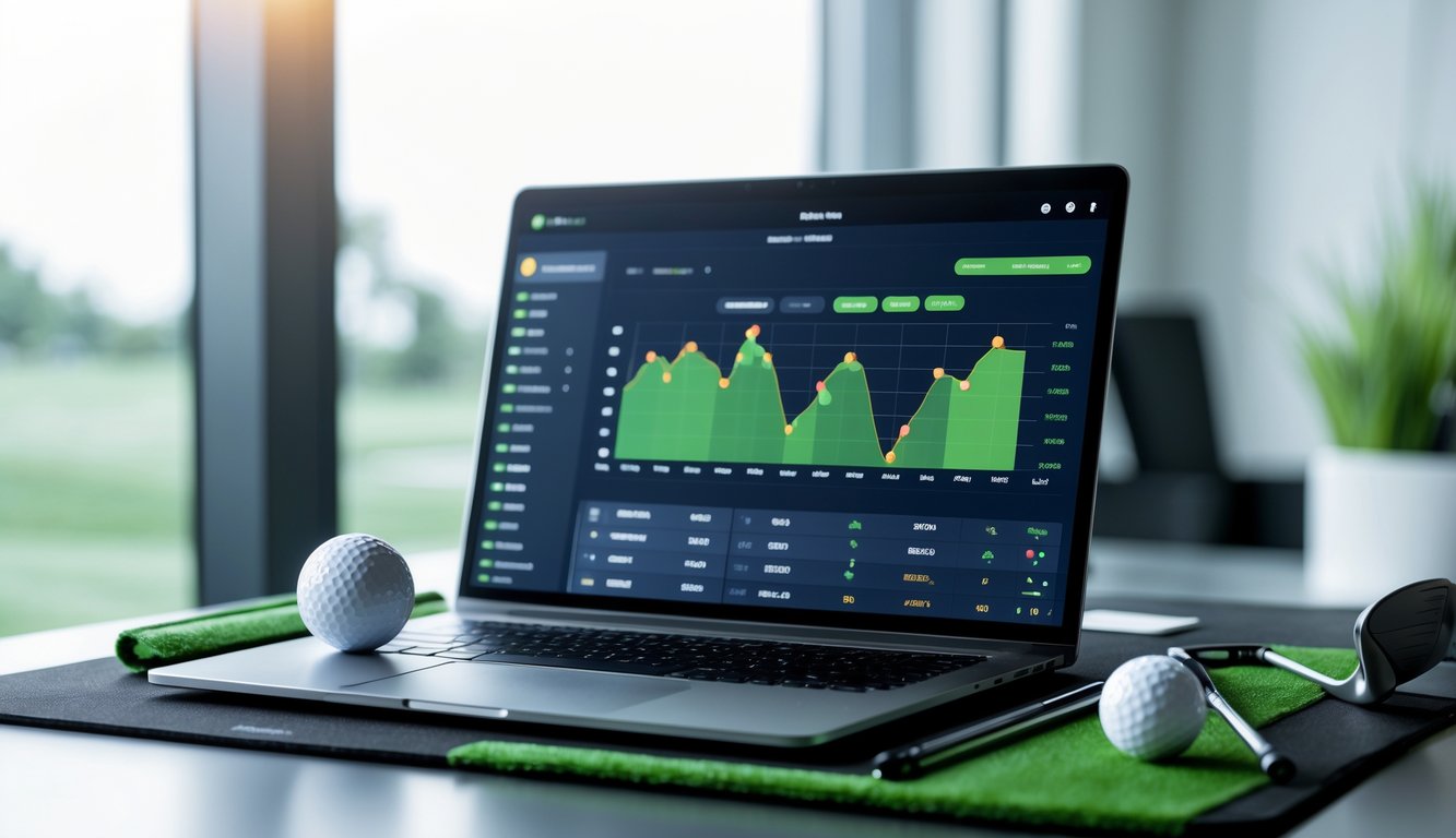 Seorang profesional menggunakan laptop di meja dengan perlengkapan golf di sekitarnya, menampilkan konsep taruhan golf online yang cepat dan aman.