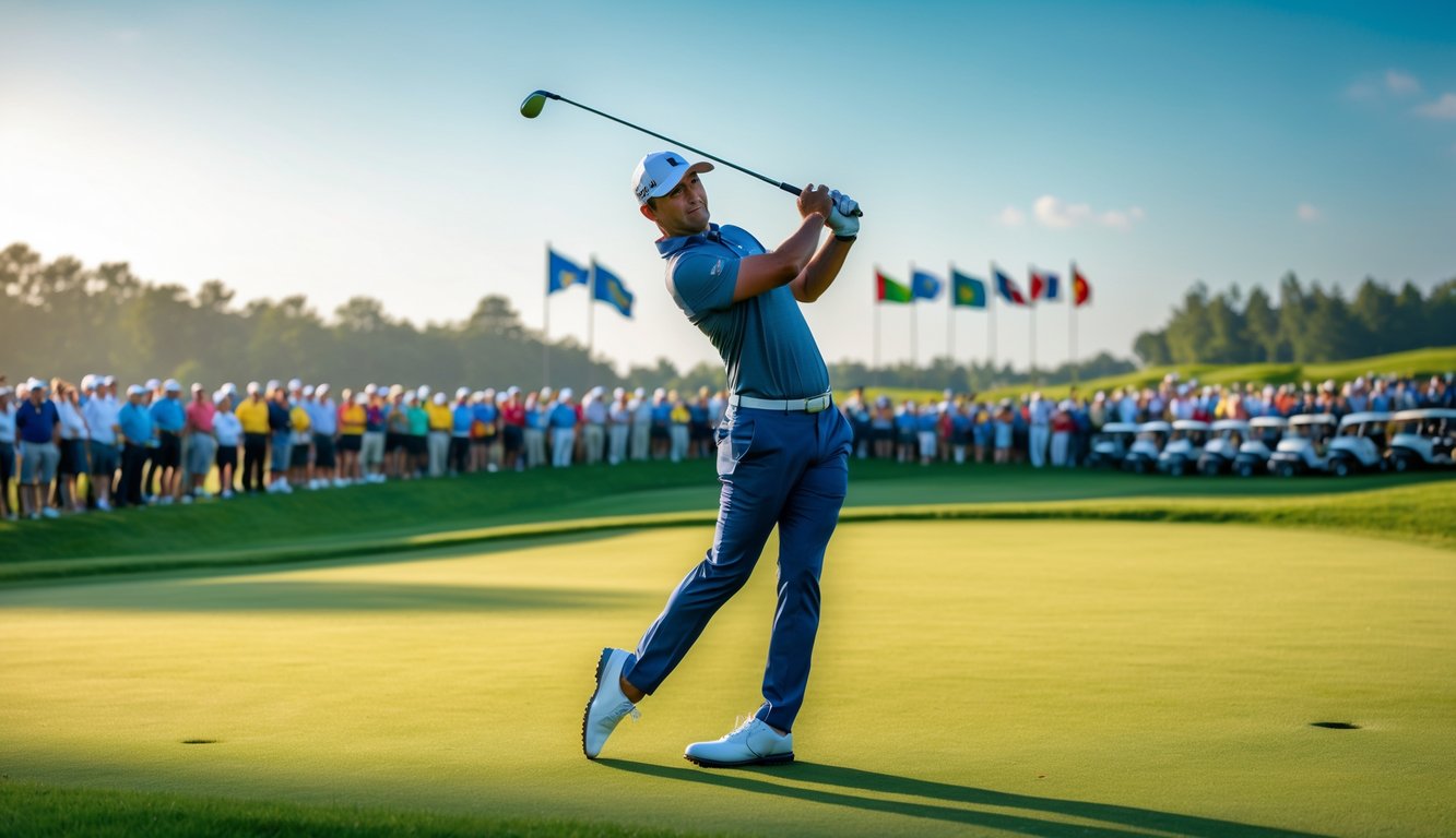 Seorang pegolf sedang melakukan ayunan di lapangan golf dengan penonton dan bendera negara di latar belakang selama turnamen golf besar.
