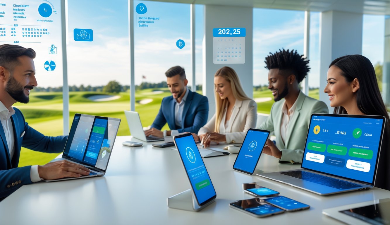 Orang-orang menggunakan perangkat digital di ruang kantor modern dengan pemandangan lapangan golf di latar belakang.
