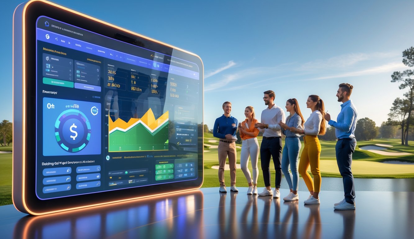 Orang-orang muda menggunakan layar sentuh digital di lapangan golf yang cerah dengan beberapa pemain golf di latar belakang.