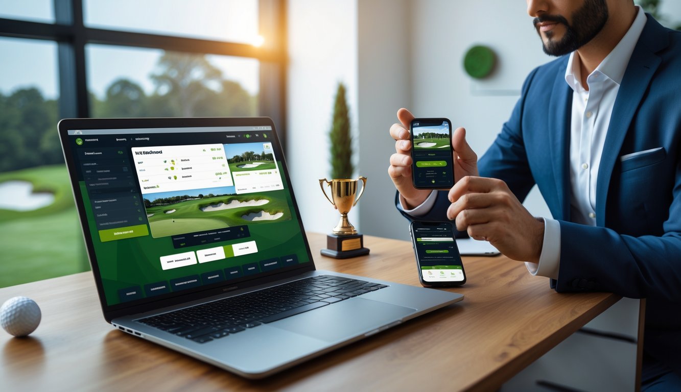 Seseorang menggunakan laptop dan ponsel dengan tampilan platform taruhan golf online di meja kerja dengan dekorasi bertema golf.