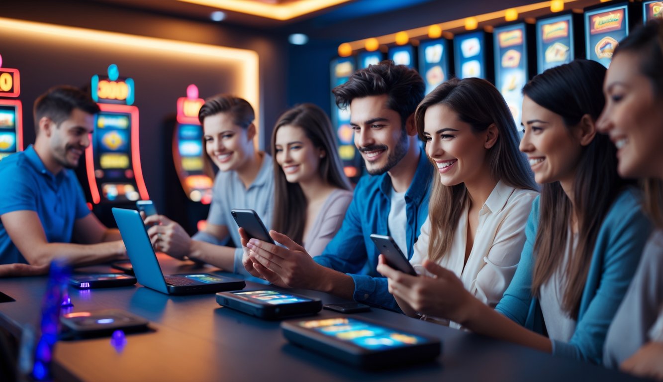 Sekelompok orang muda menggunakan ponsel dan laptop sambil bermain permainan slot online di ruangan yang terang dan nyaman.