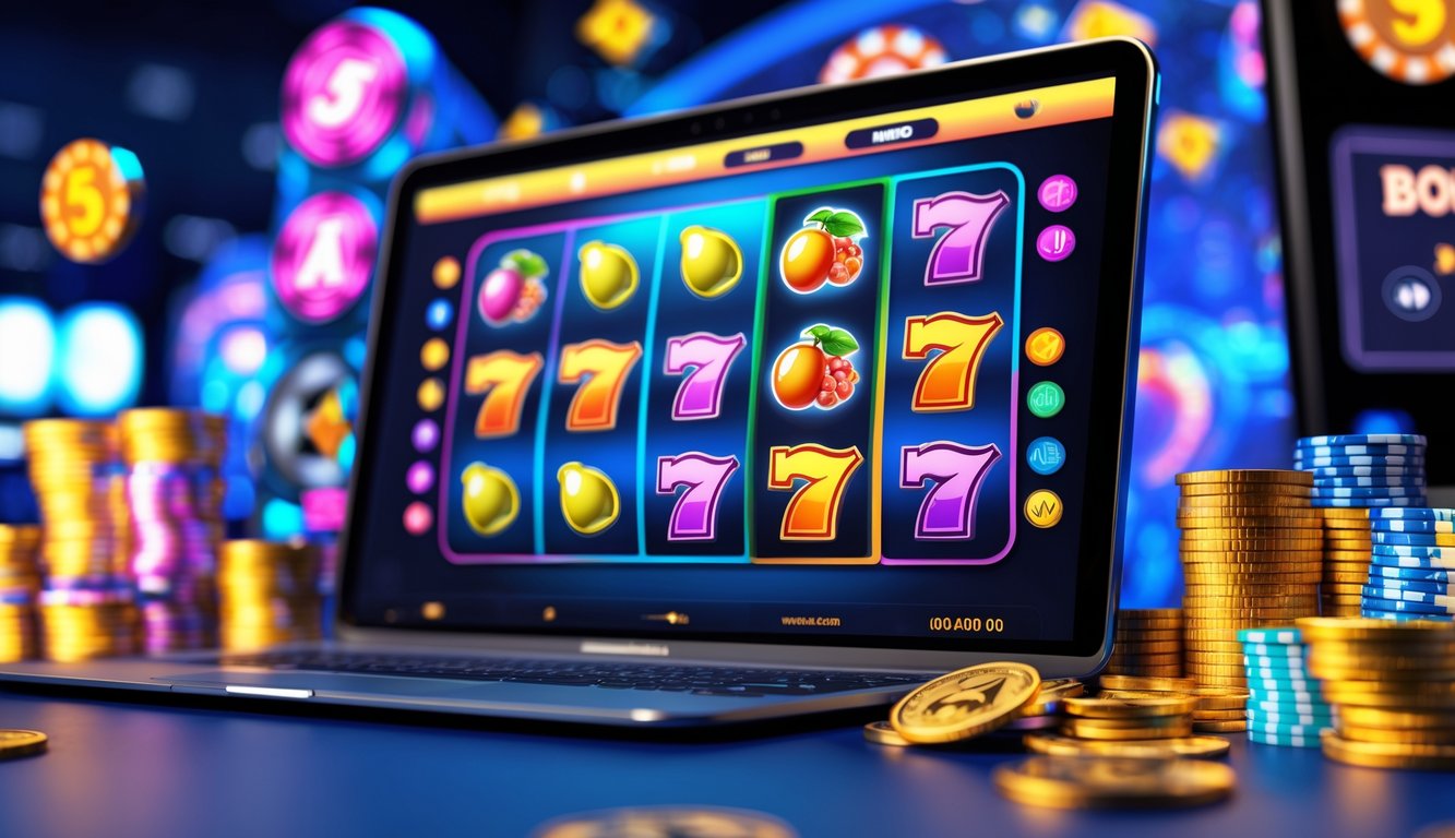 Layar perangkat menampilkan permainan slot dengan simbol warna-warni dalam suasana kasino modern.