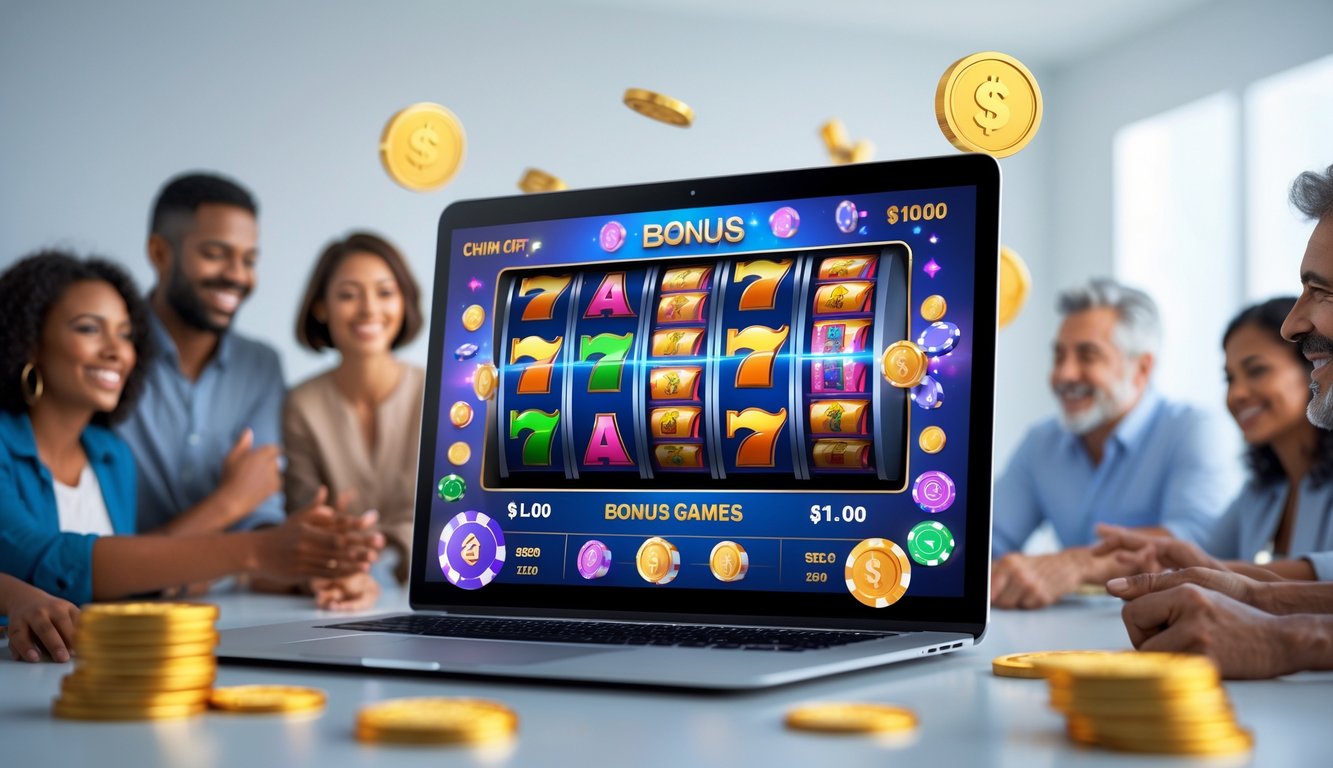 Beberapa orang dewasa sedang menggunakan komputer yang menampilkan permainan slot online dengan grafik warna-warni dan simbol bonus, di sekitar terdapat koin dan chip sebagai simbol kemenangan.