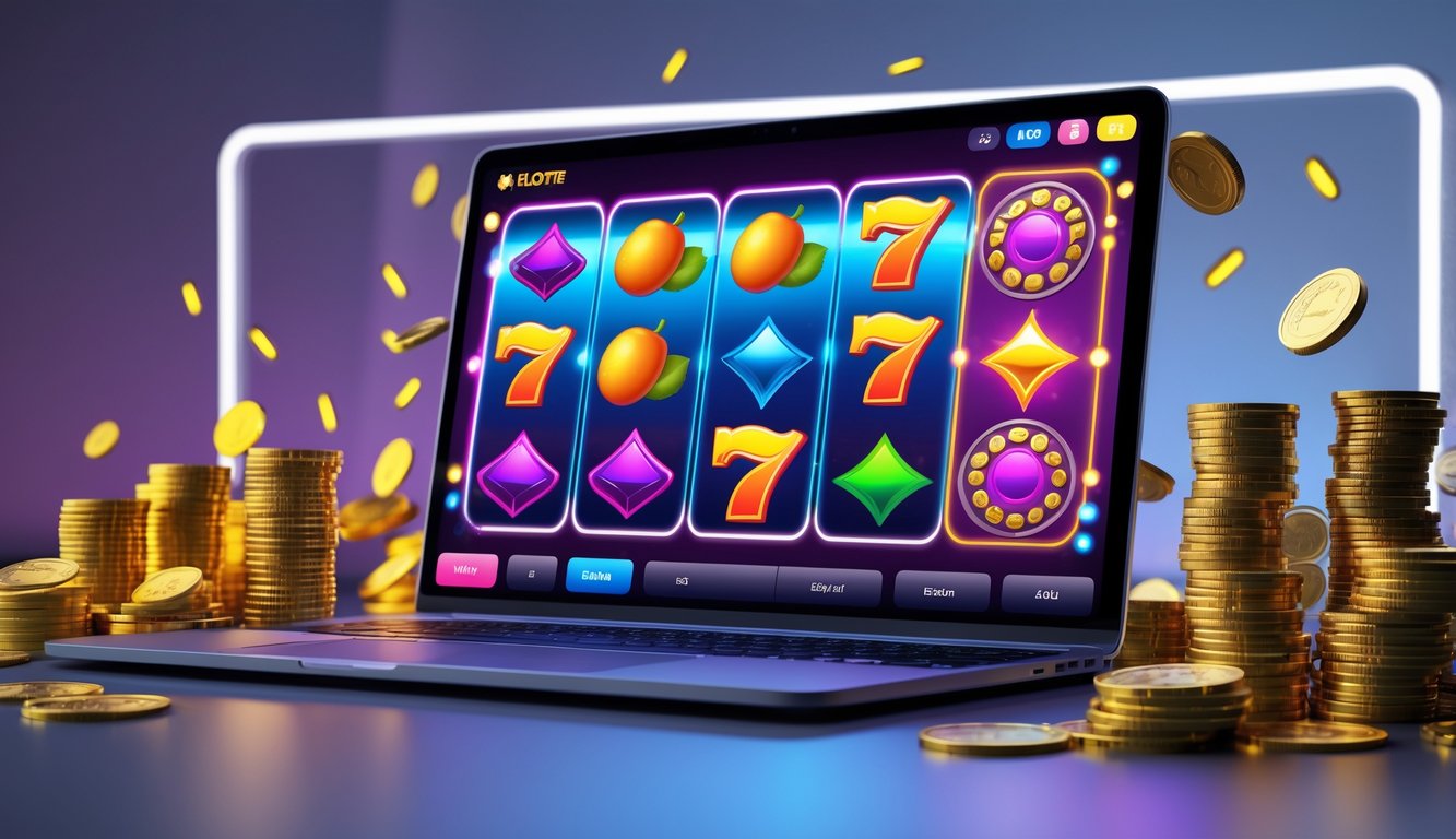 Layar komputer menampilkan permainan slot berwarna cerah dengan simbol keberuntungan dan tumpukan chip kasino di sekitarnya.
