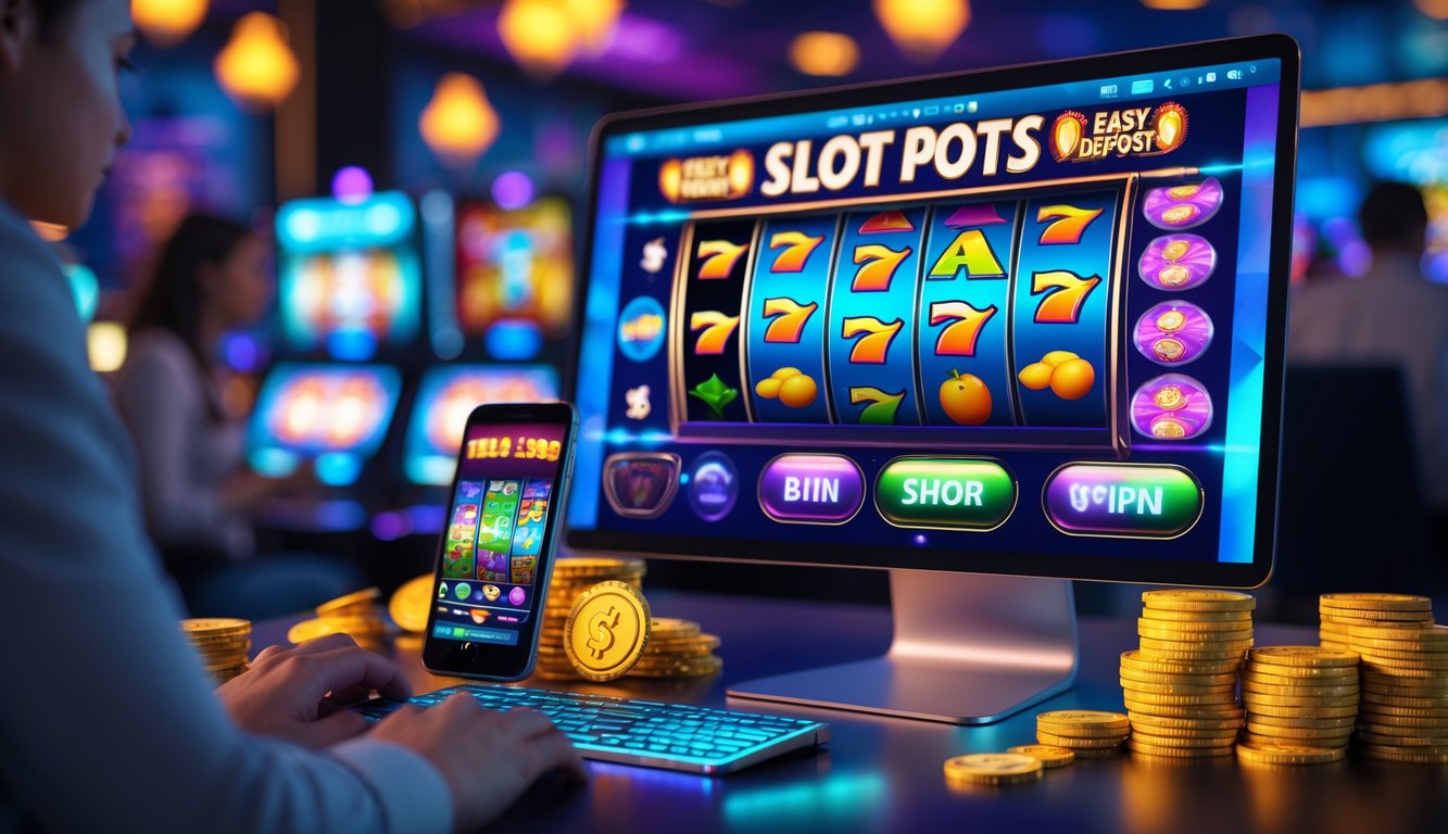 Seorang pria menggunakan komputer dan ponsel untuk bermain mesin slot online dengan latar belakang ruang permainan yang terang dan ramai.