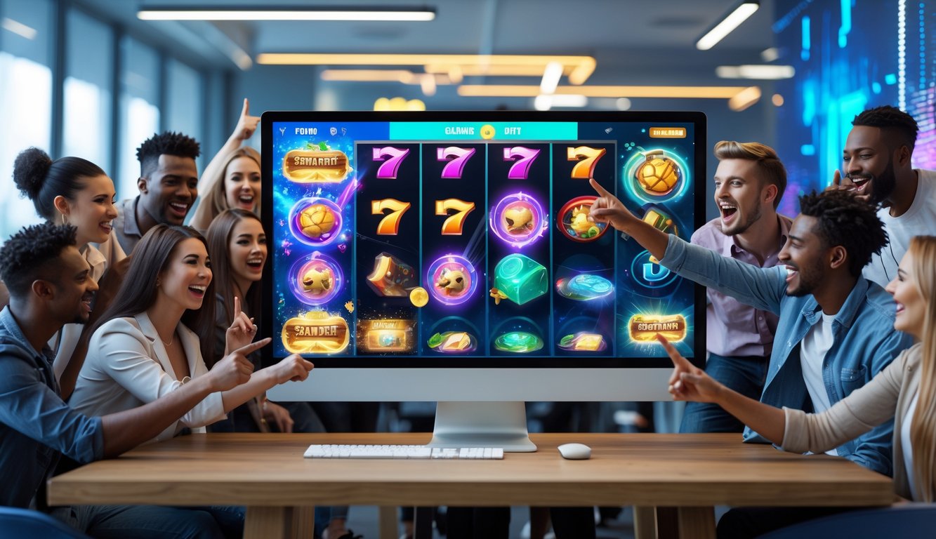 Orang-orang muda sedang bermain permainan slot online interaktif di komputer dengan layar berwarna cerah di ruangan modern.