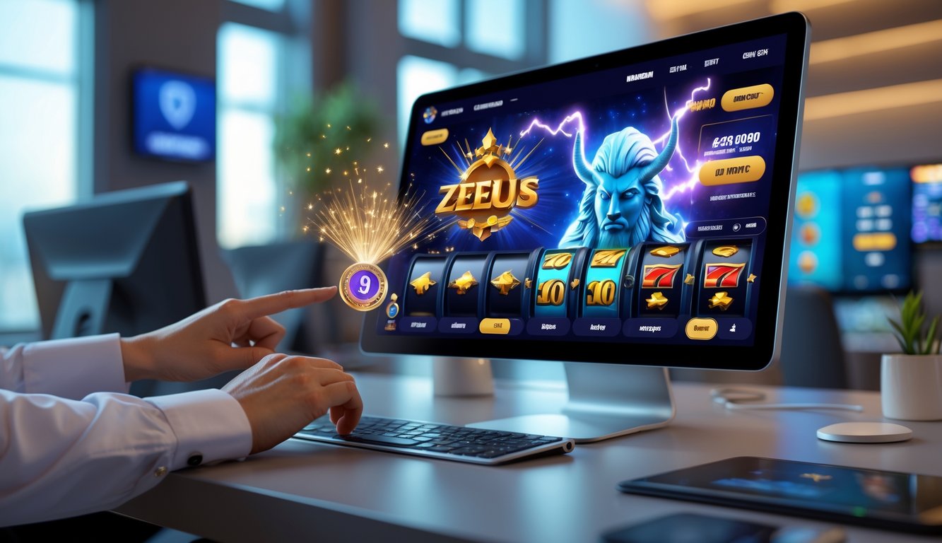 Tampilan layar komputer dengan permainan slot Zeus yang sedang dimenangkan, di lingkungan kantor modern.