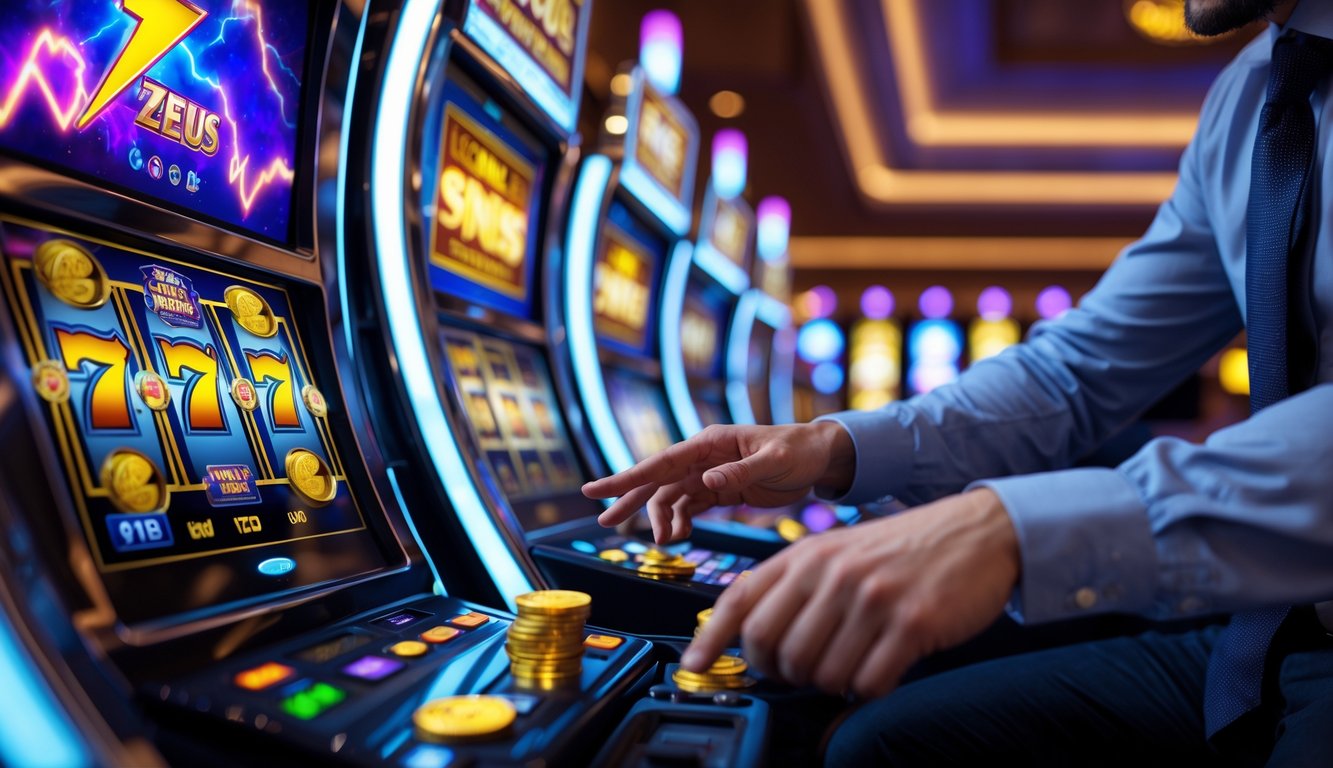 Seorang pemain di depan mesin slot modern dengan layar berwarna cerah menekan tombol putar di kasino.