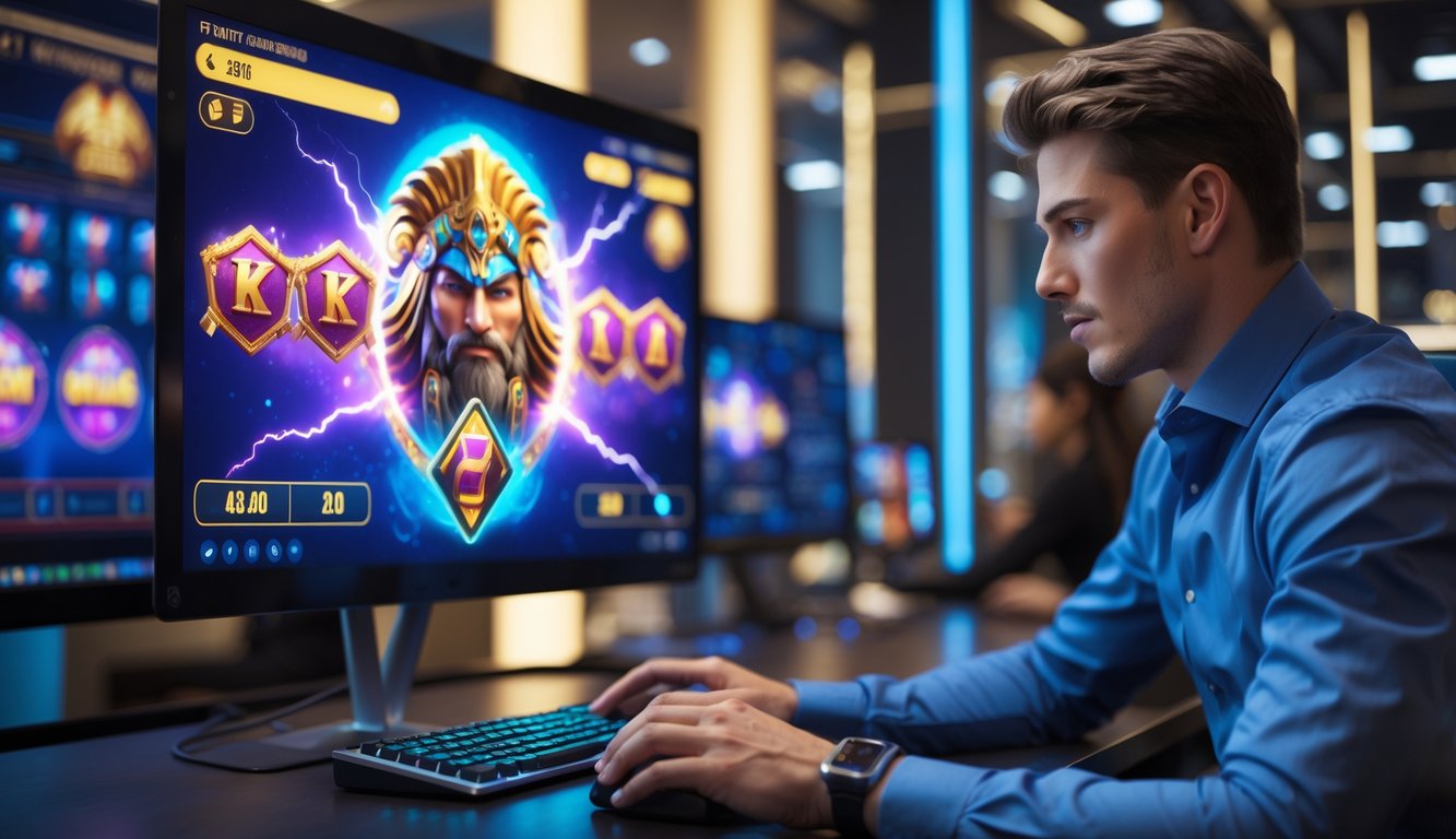 Seorang pemain profesional sedang menggunakan platform judi slot online dengan tema Zeus di depan layar komputer di sebuah kantor modern.