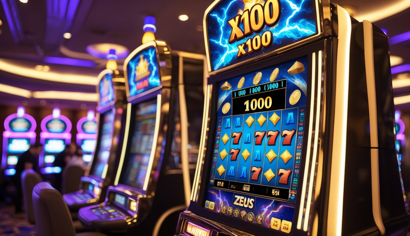 Mesin slot bertema Zeus dengan lampu warna-warni dan simbol petir, menampilkan kemenangan besar dengan pengali x1000 di dalam suasana kasino yang mewah.
