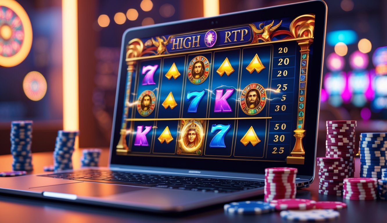 Sebuah layar komputer menampilkan mesin slot dengan simbol Zeus dan petir, dikelilingi oleh chip kasino dan kartu remi.