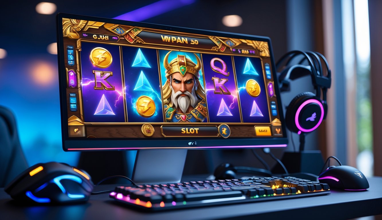 Sebuah setup gaming modern dengan layar komputer yang menampilkan permainan slot bertema mitologi dan perlengkapan gaming di sekitarnya.